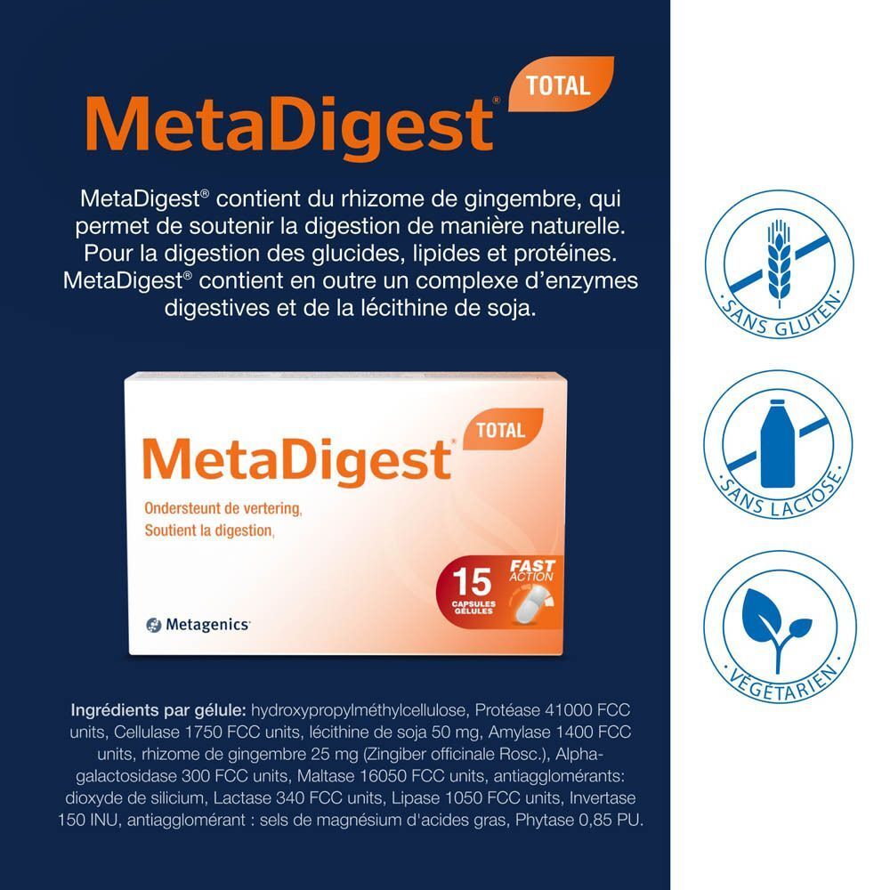 Boîte de MetaDigest Total. Texte: MetaDigest Total, 15 gélules. Logos: Sans gluten, sans lactose, végétarien. Marque: Metagenics.