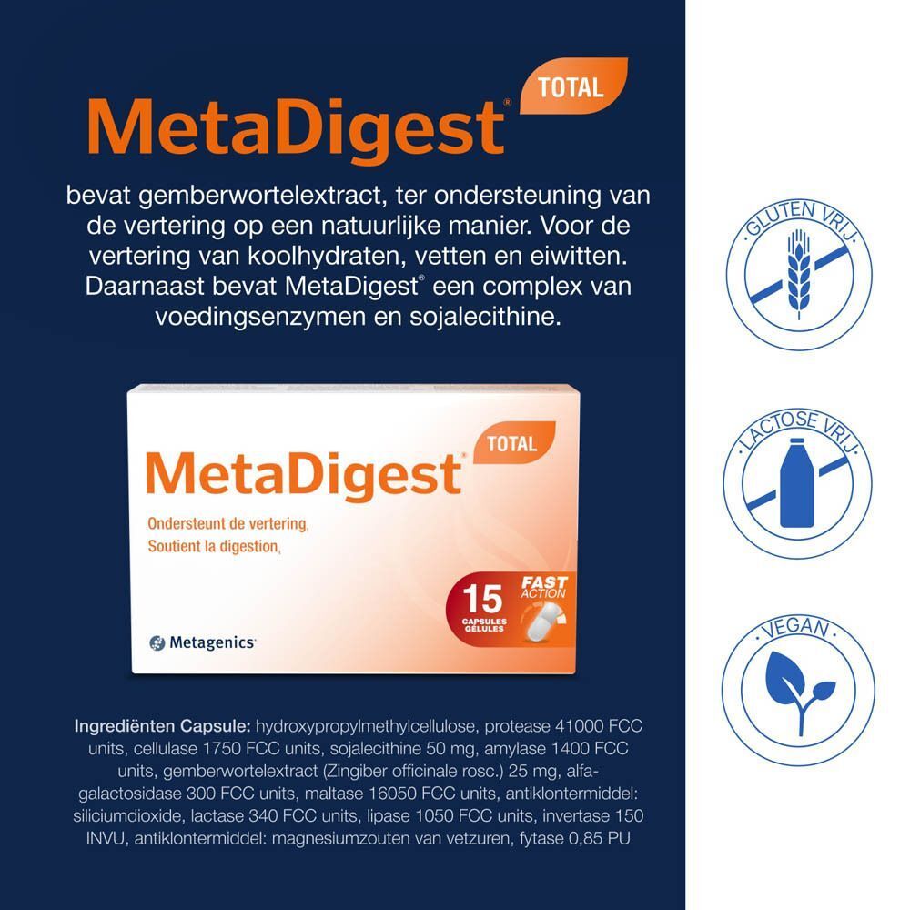 Verpakking MetaDigest Total. Tekst: MetaDigest Total, 15 capsules. Logo's: Gluten vrij, lactose vrij, vegan. Merk: Metagenics.
