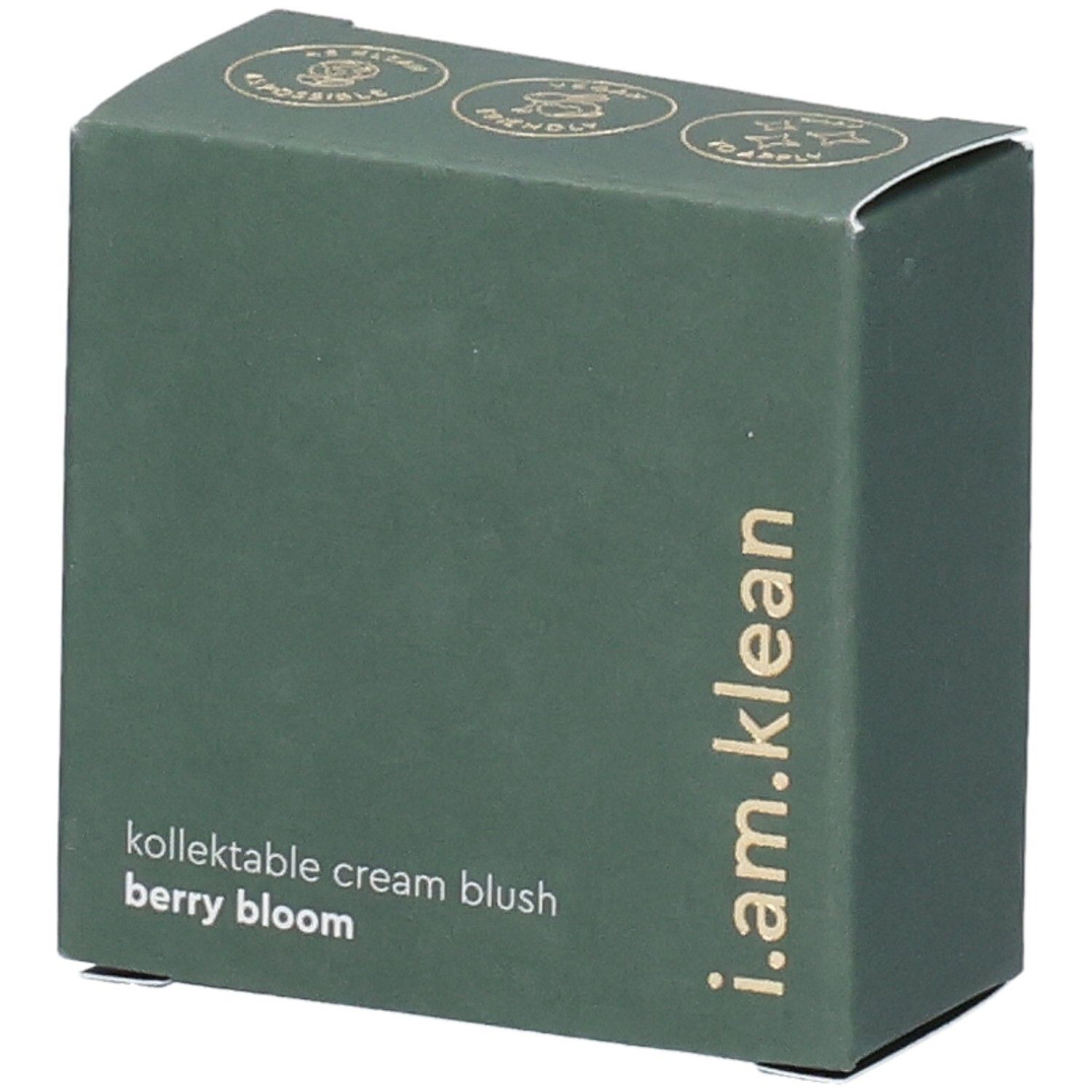 Boîte verte. Inscription : i.am.klean, kollektable cream blush berry bloom. Logos en haut.