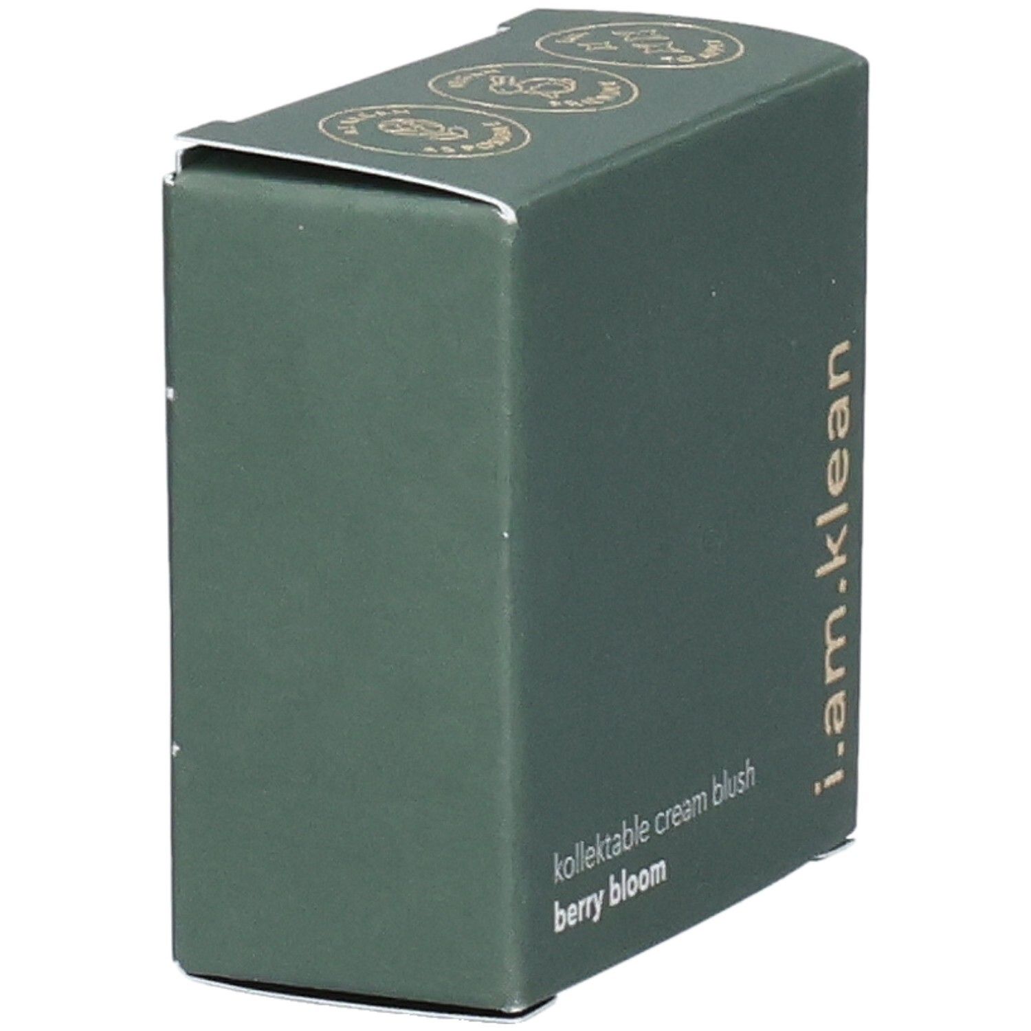 Boîte verte. Inscription : i.am.klean, kollektable cream blush berry bloom. Vue latérale.