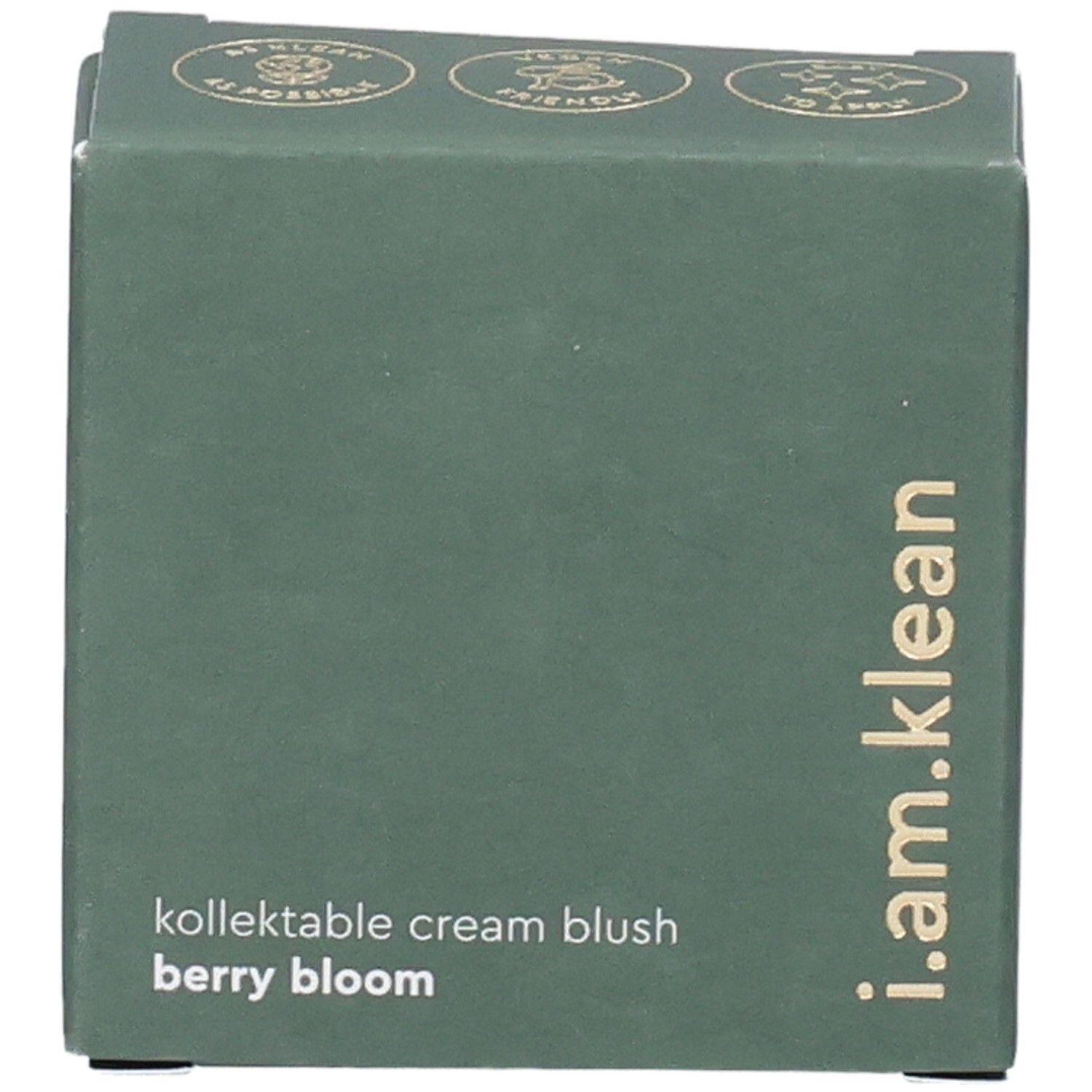 Boîte verte. Inscription : i.am.klean, kollektable cream blush berry bloom. Logos en haut.