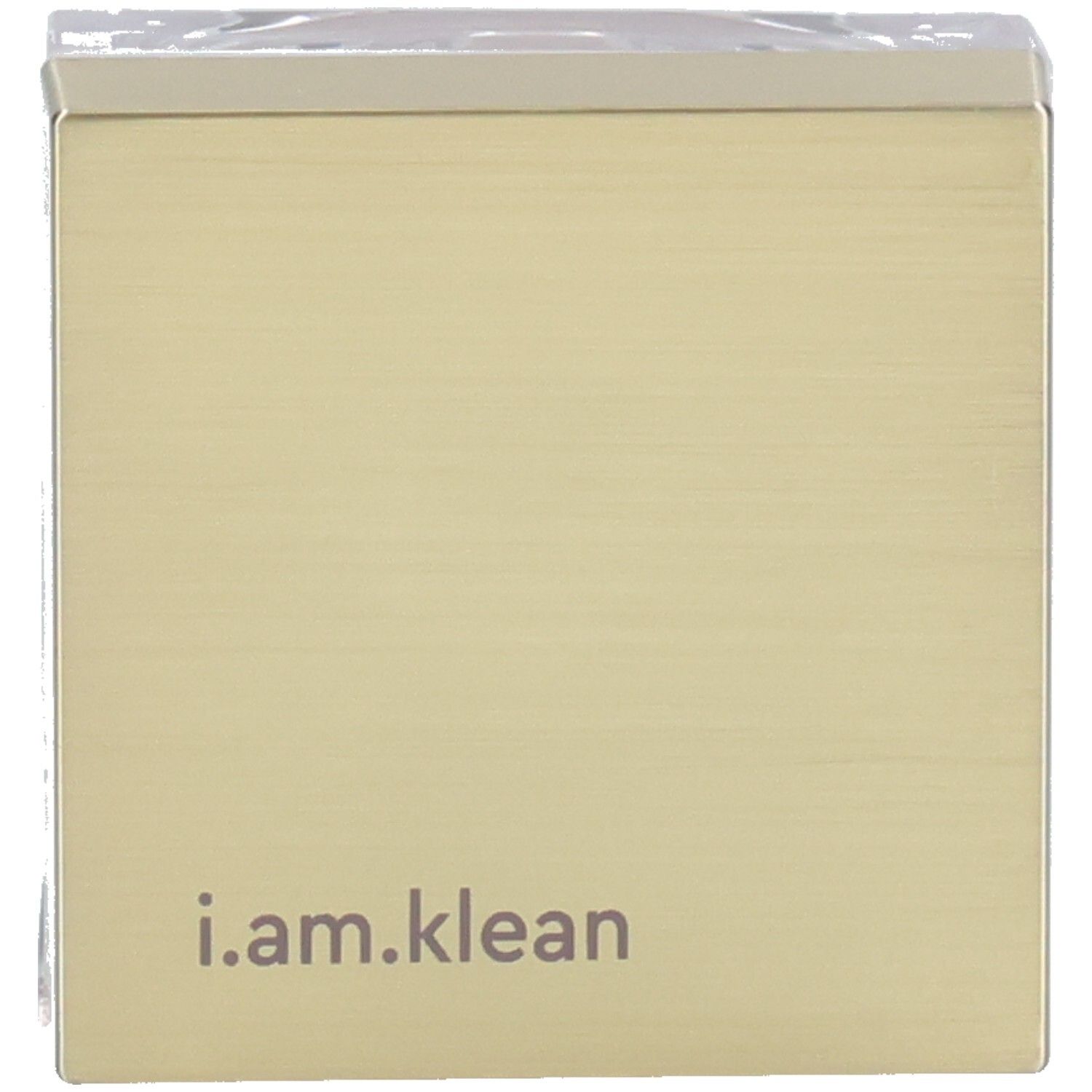 Vierkante goudkleurige doos met de tekst i.am.klean. Transparante deksel erboven.