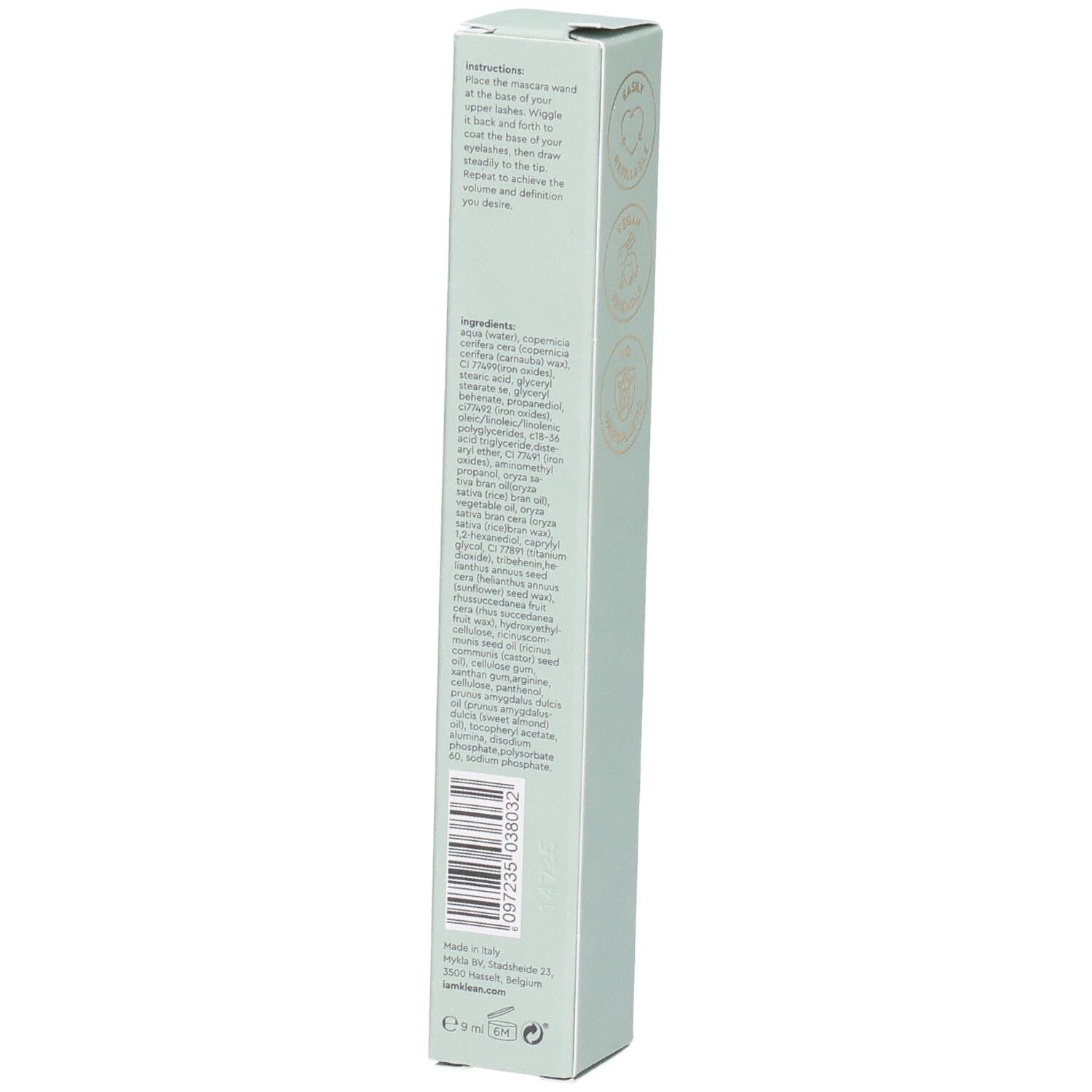 Emballage en carton vert clair. Texte: ingrédients, instructions d'utilisation, code-barres. Texte: pure definition brown refillable mascara.