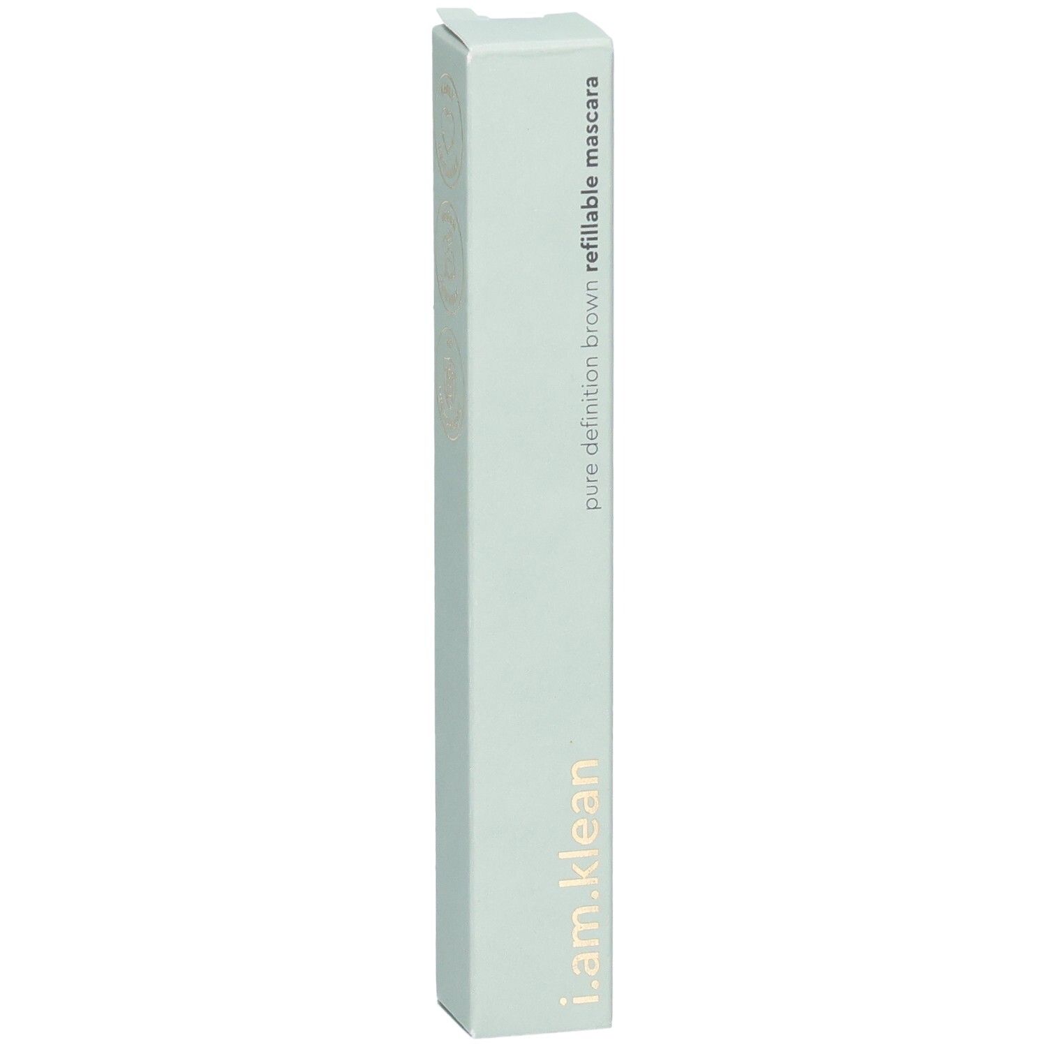 Emballage en carton vert clair. Texte: pure definition brown refillable mascara, i.am.klean.