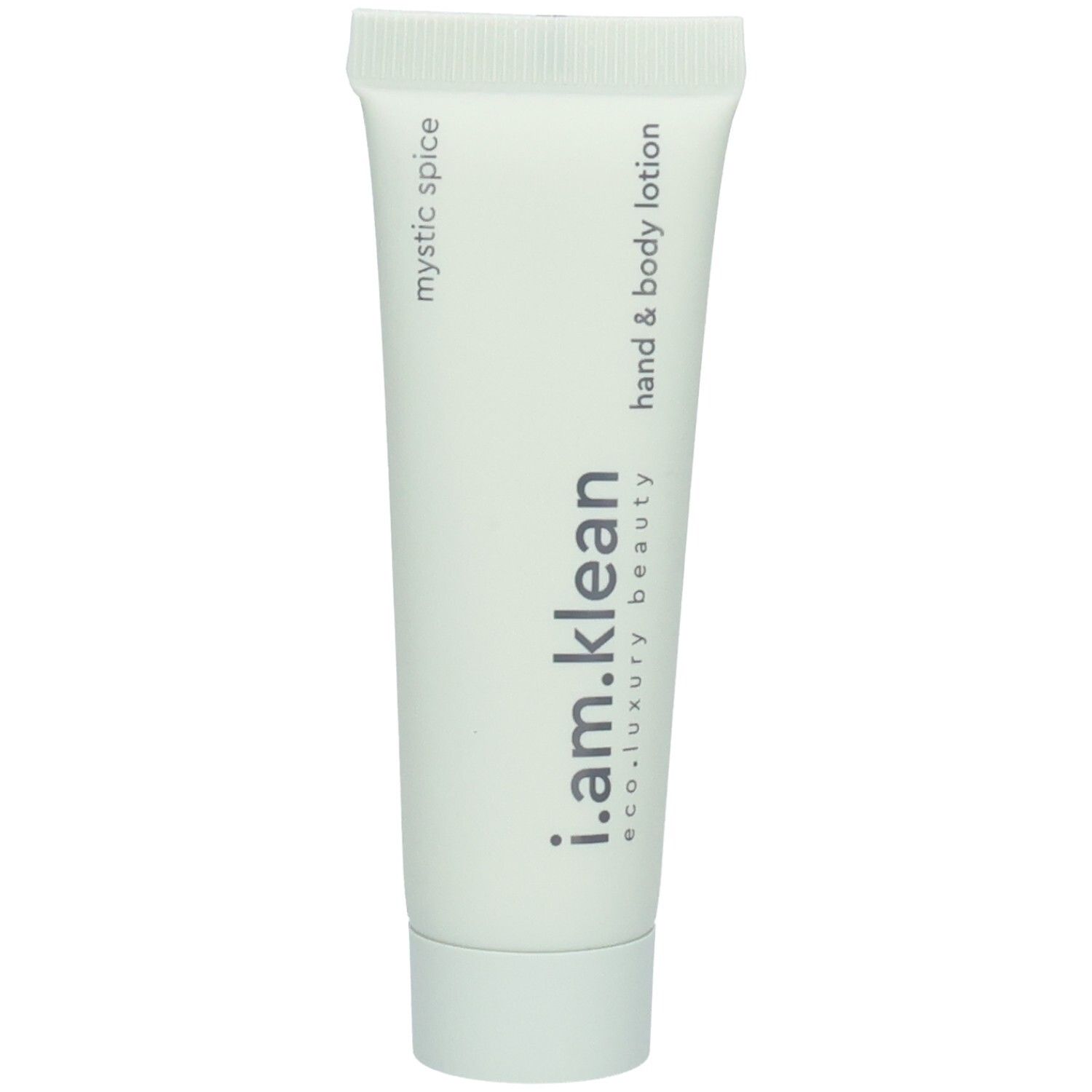 Kleine, lichte tube. Opschrift: i.am.klean, Mystic Spice, Hand & Body Lotion. Verticale weergave.