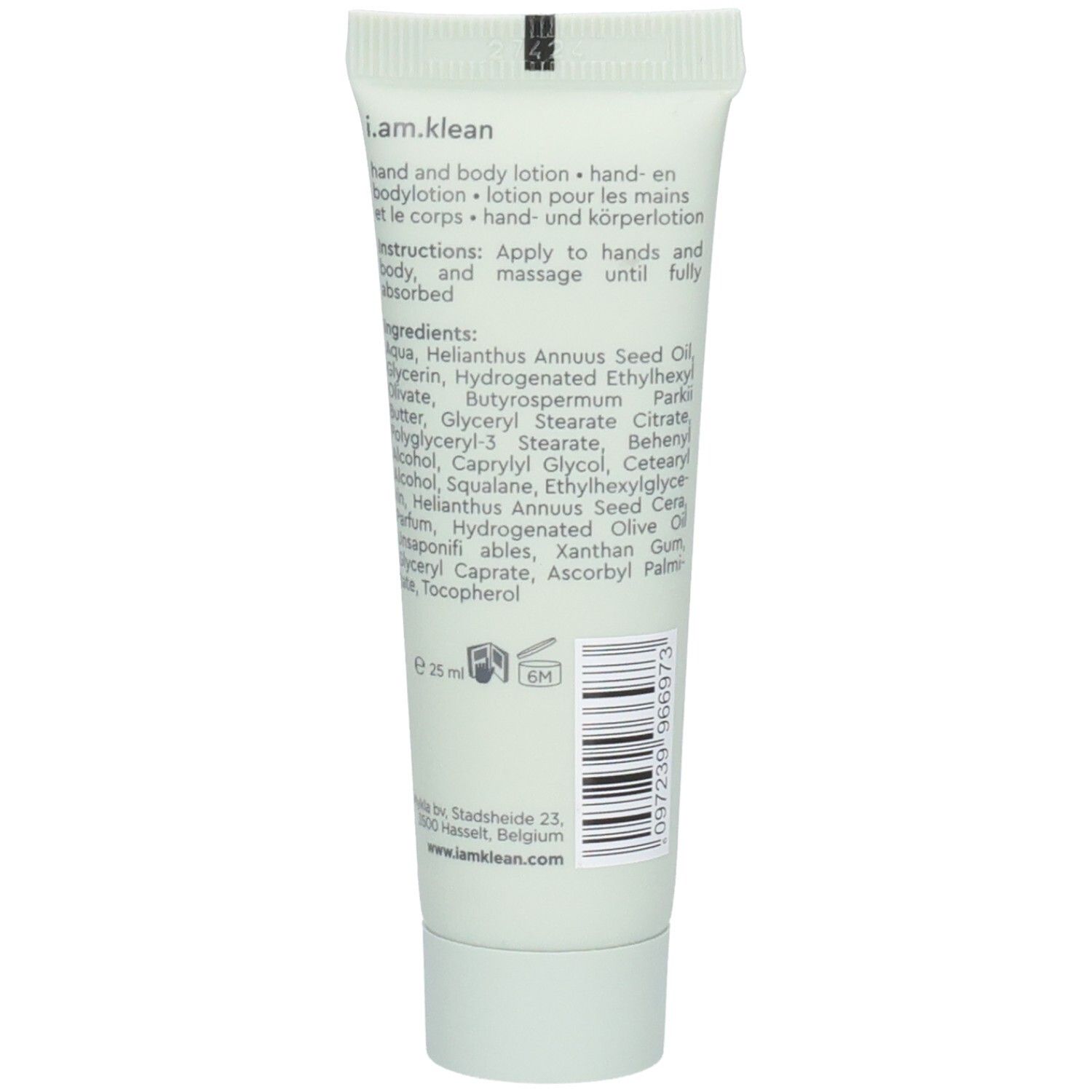 Achterkant van de tube. Tekst: Hand & Body Lotion, ingrediënten, 25 ml. Met productie- en houdbaarheidsaanduidingen.