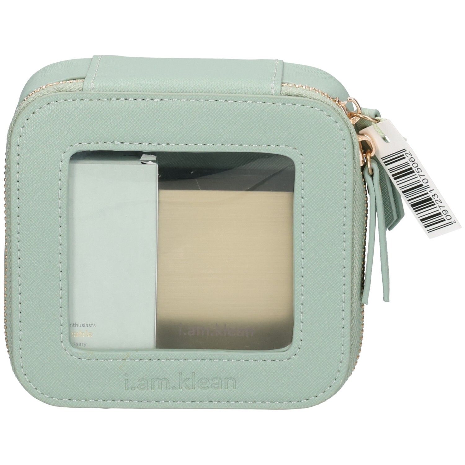 Trousse de maquillage carrée vert clair avec fermeture éclair et fenêtre transparente. Contient deux produits. Logo i.am.klean.