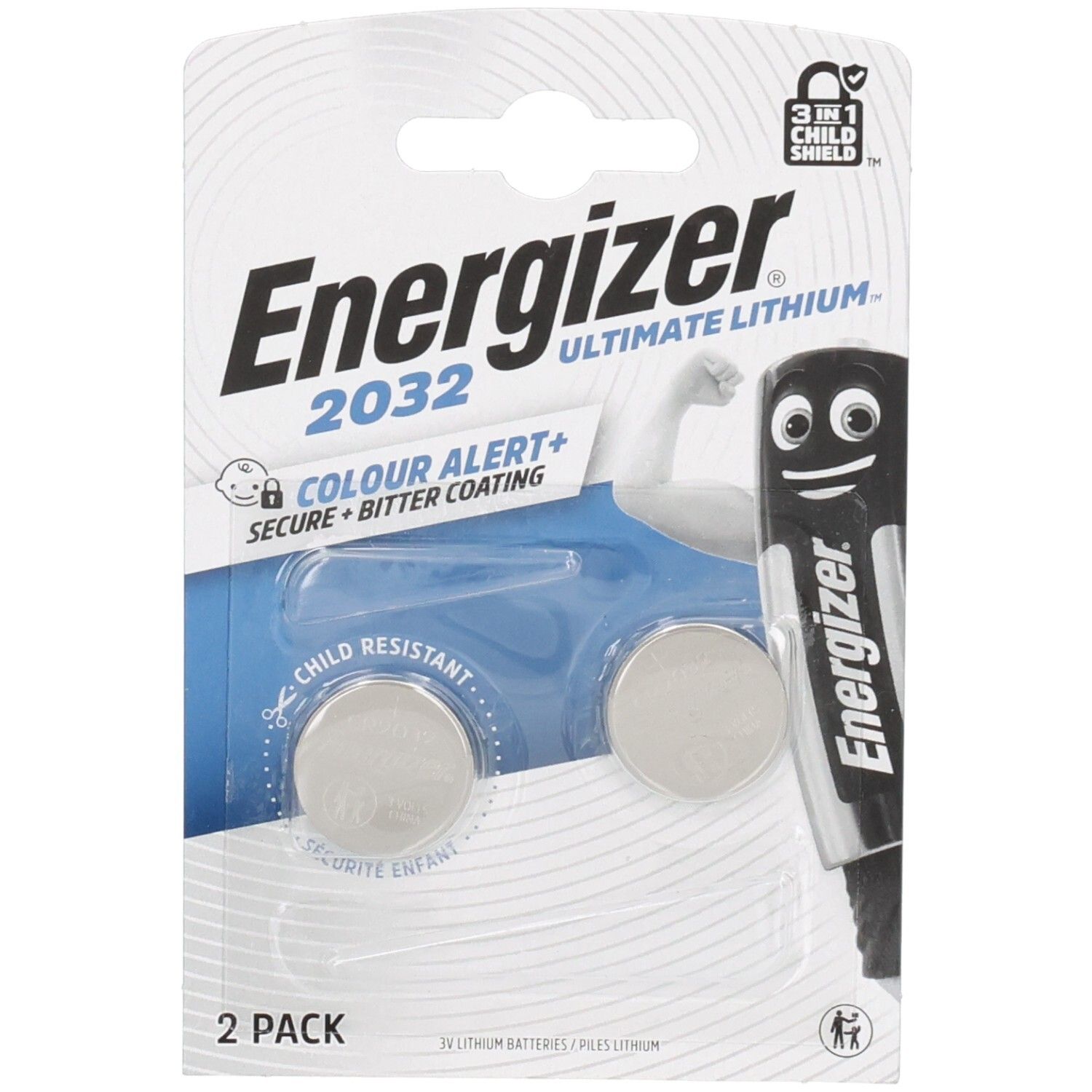 Energizer Ultimate Lithium CR2032 knoopcelbatterijen, 2 stuks in blisterverpakking. Met kindveilige en bittere coating.