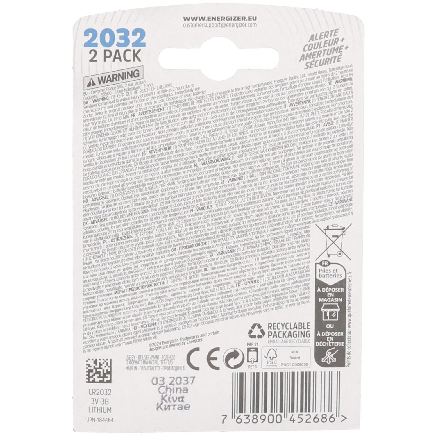 Achterkant van een 2-pack Energizer Ultimate Lithium CR2032 met waarschuwingen en recyclinginformatie.