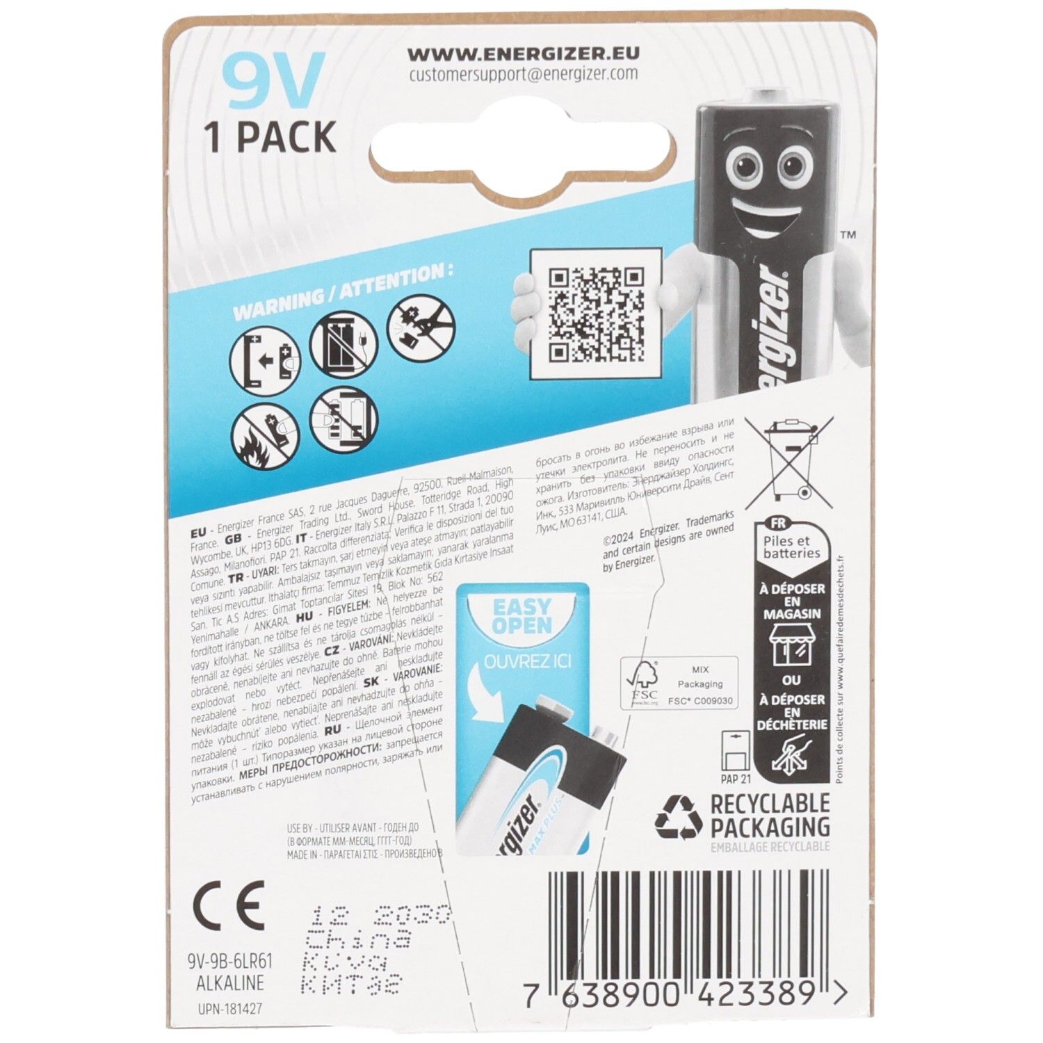 Arrière de l'emballage de la pile Energizer Max Plus 9V avec avertissements et informations de recyclage.