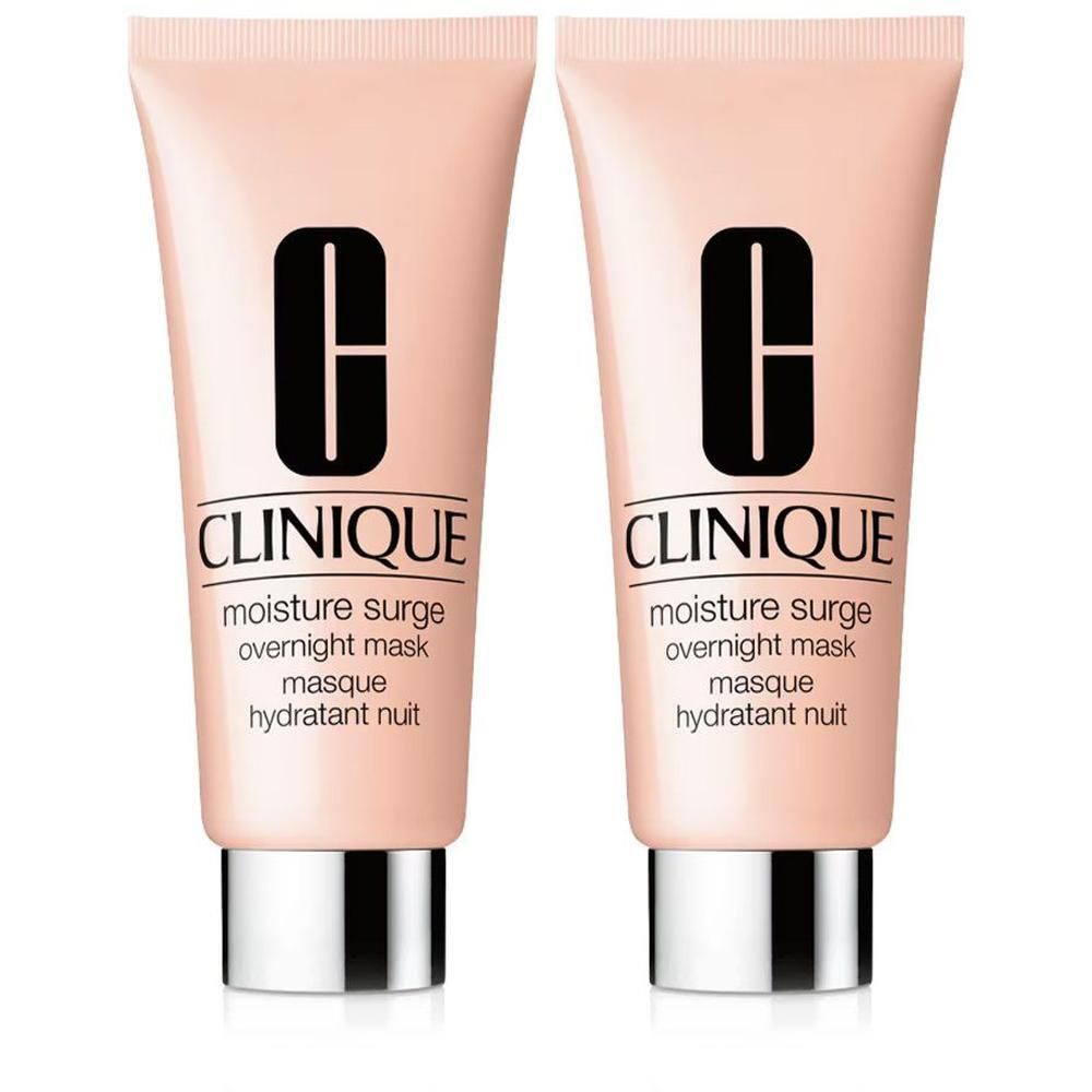 Deux tubes de CLINIQUE Moisture Surge Overnight Mask. Tubes roses avec logo noir et nom du produit.