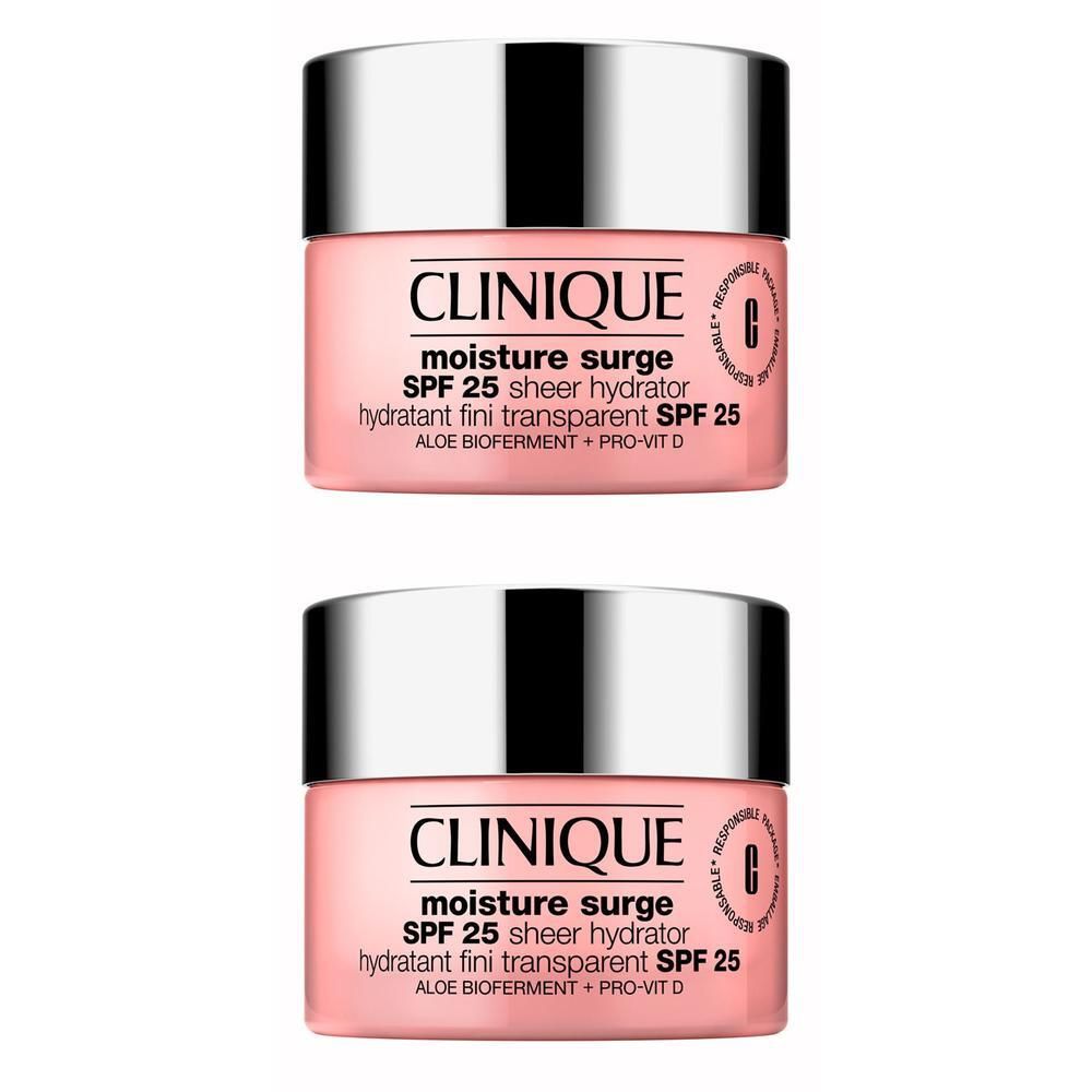 Twee roze potjes met zilveren deksels. Opschrift: CLINIQUE, moisture surge SPF 25 sheer hydrator, hydratant fini transparent SPF 25.