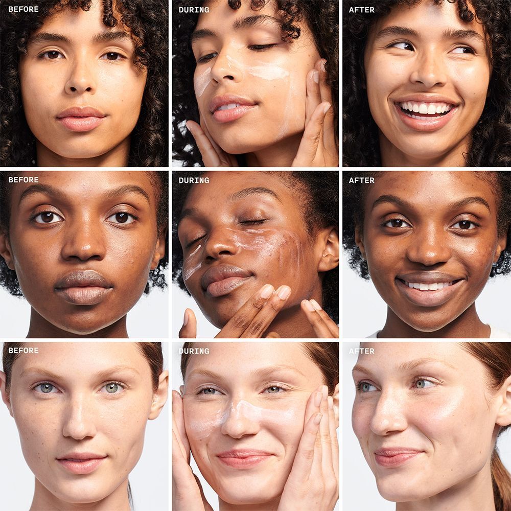 Comparaison avant-après de trois femmes utilisant Clinique Moisture Surge SPF 25.