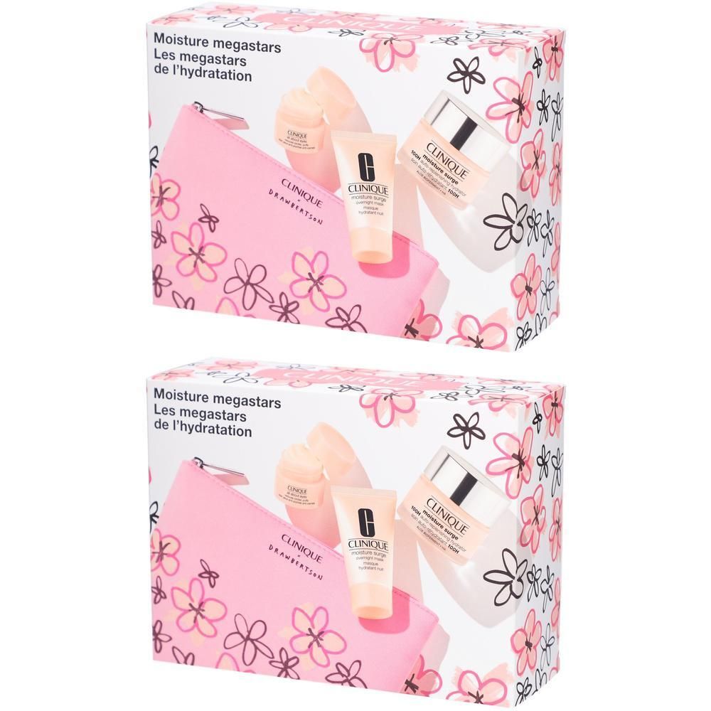 Deux coffrets cadeaux avec produits cosmétiques. Inscription : Moisture megastars, Les megastars de l'hydratation. Trousse rose, crème, flacon.