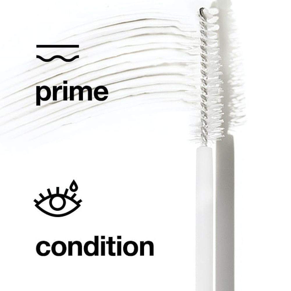 Clinique Lash Building Primer : texture et applicateur. Icônes pour 'prime' et 'condition'.