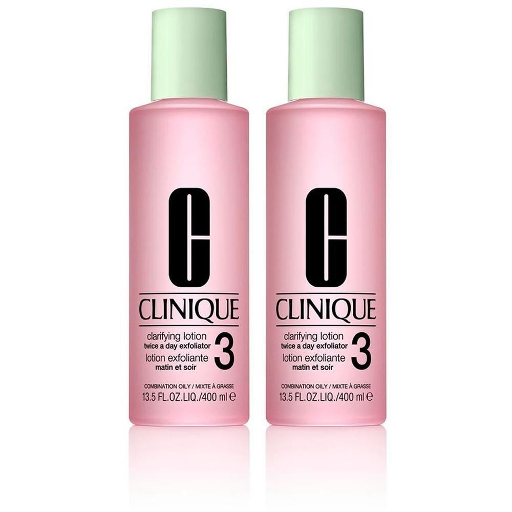 Twee roze flessen met groene doppen. Op elke fles staat "CLINIQUE" en "3". Tekst eronder: "clarifying lotion".