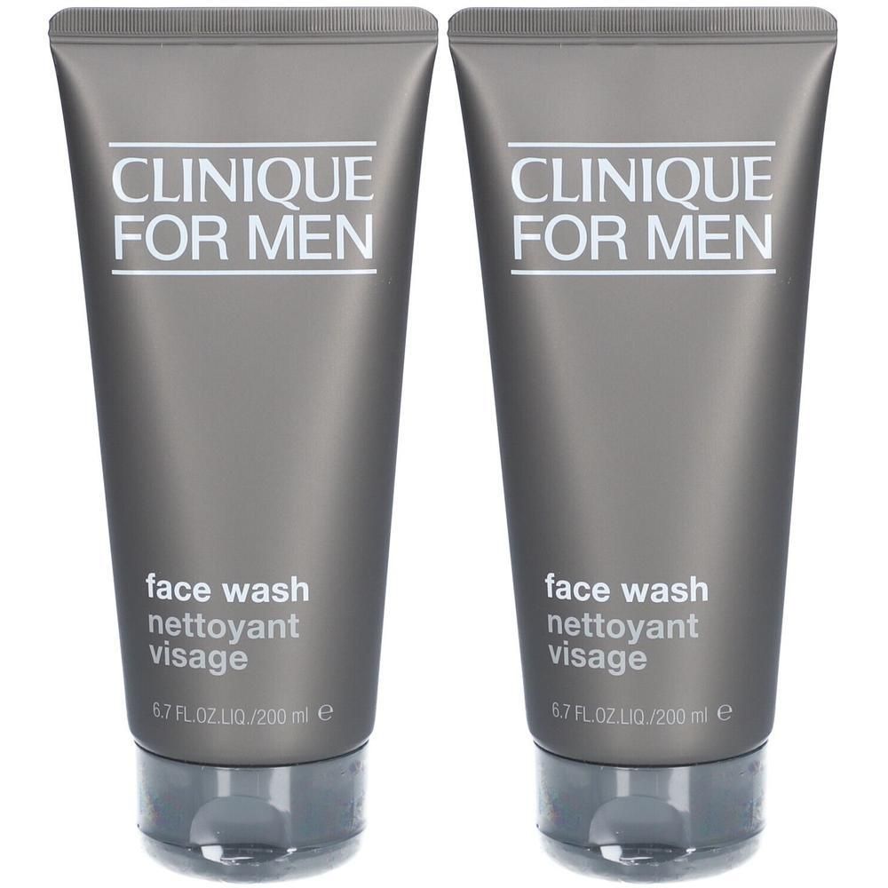 Deux tubes gris avec l'inscription "CLINIQUE FOR MEN face wash nettoyant visage". Chaque tube contient 200 ml.