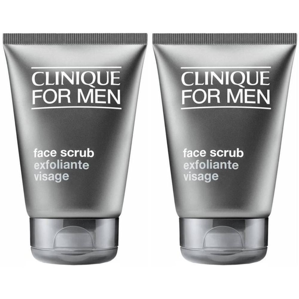 Twee tubes Clinique for Men Face Scrub. Grijze tubes met witte tekst. Opschrift: Face Scrub, Exfoliante Visage.
