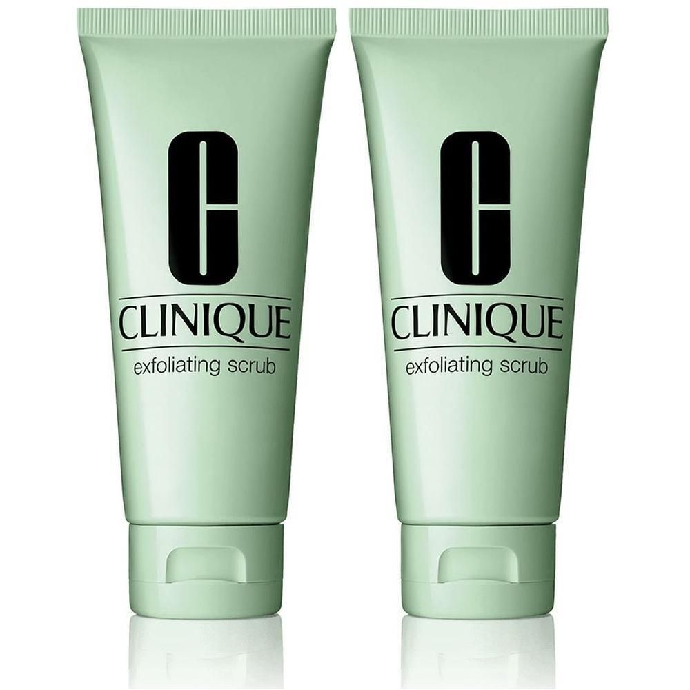 Deux tubes verts avec logo noir et texte CLINIQUE exfoliating scrub. Bouchon vert clair.