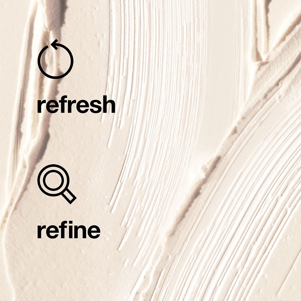 Texture d'un produit de gommage clair avec les icônes 'refresh' et 'refine'.