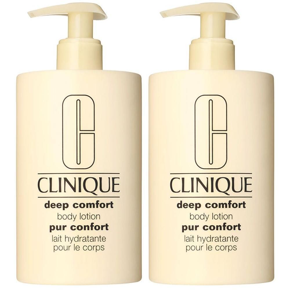 Deux flacons crème avec pompe. Inscription : CLINIQUE, deep comfort, body lotion, pur confort, lait hydratante pour le corps.