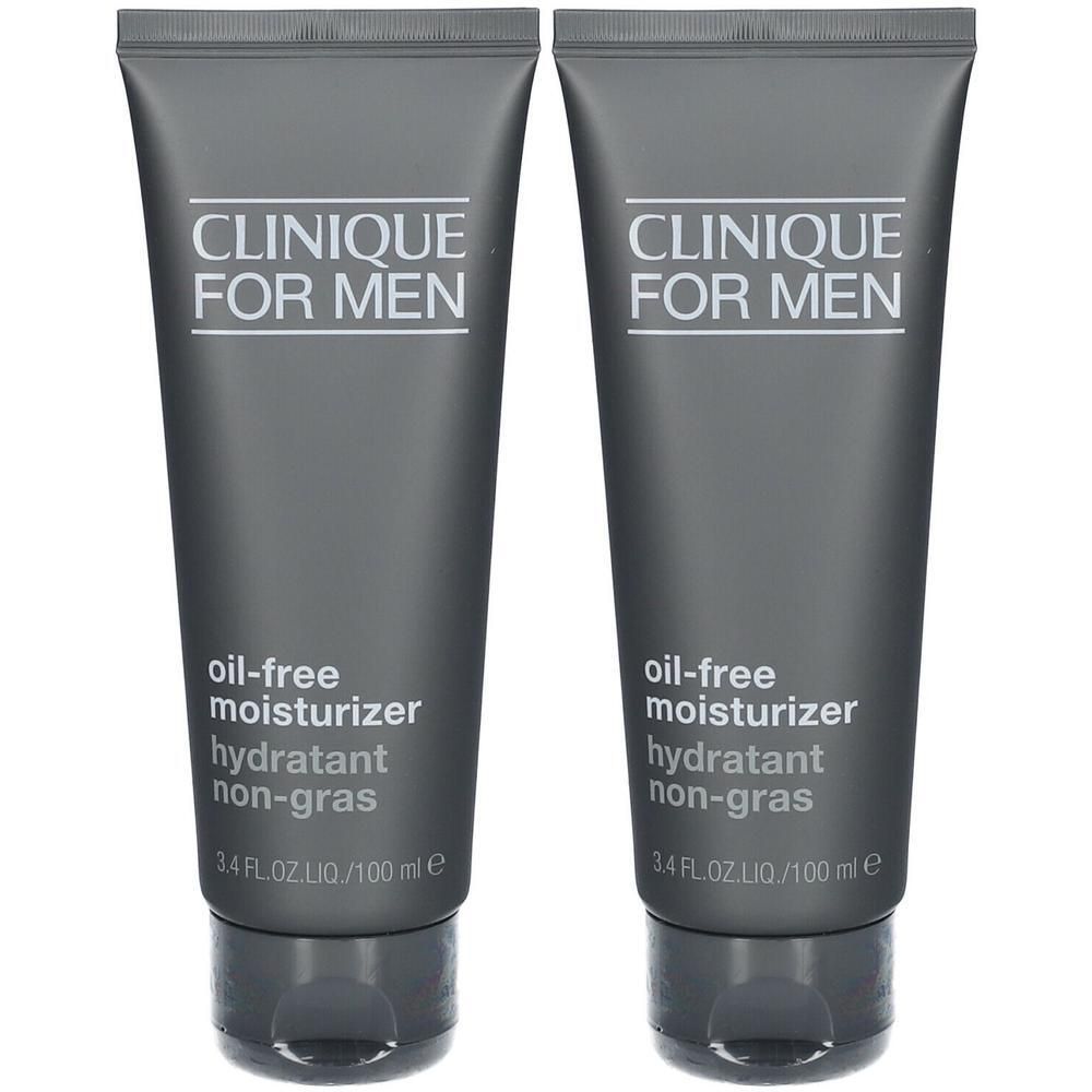 Twee grijze tubes met witte tekst: CLINIQUE FOR MEN, oil-free moisturizer, hydratant non-gras. 3.4 FL.OZ.LIQ./100 ml e.