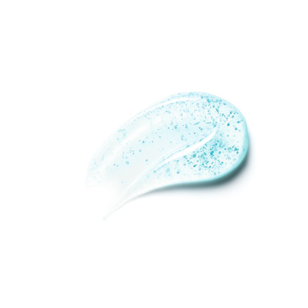 Un échantillon de gel bleu avec des perles sur fond blanc.
