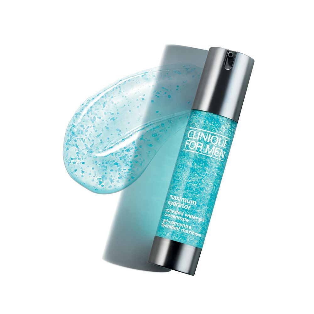 Un flacon CLINIQUE FOR MEN Maximum Hydrator avec un échantillon du gel.