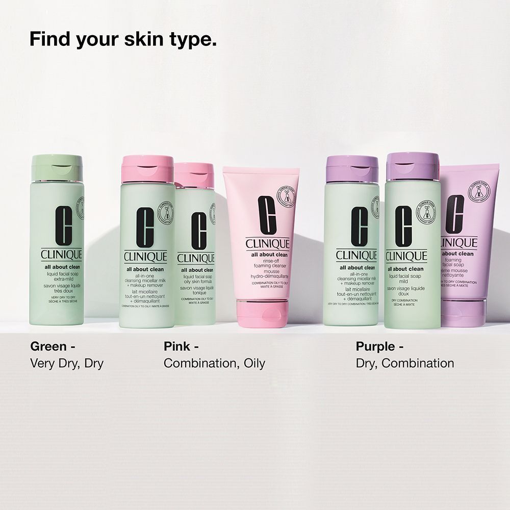 Savons liquides et lotions CLINIQUE pour différents types de peau.