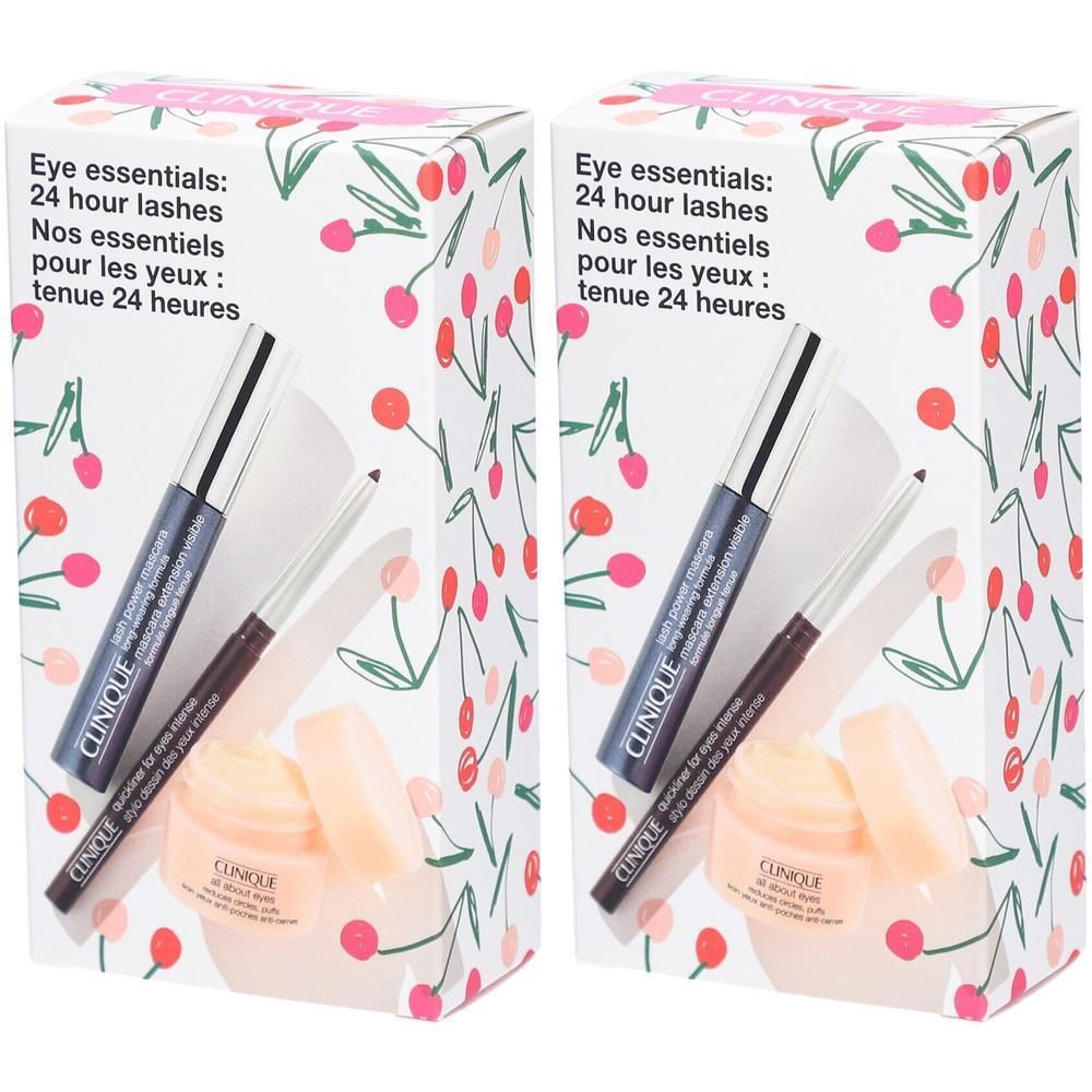 Coffret cadeau Clinique avec mascara, crayon pour les yeux et crème pour les yeux. Emballage à motifs cerises. Texte: Eye essentials.