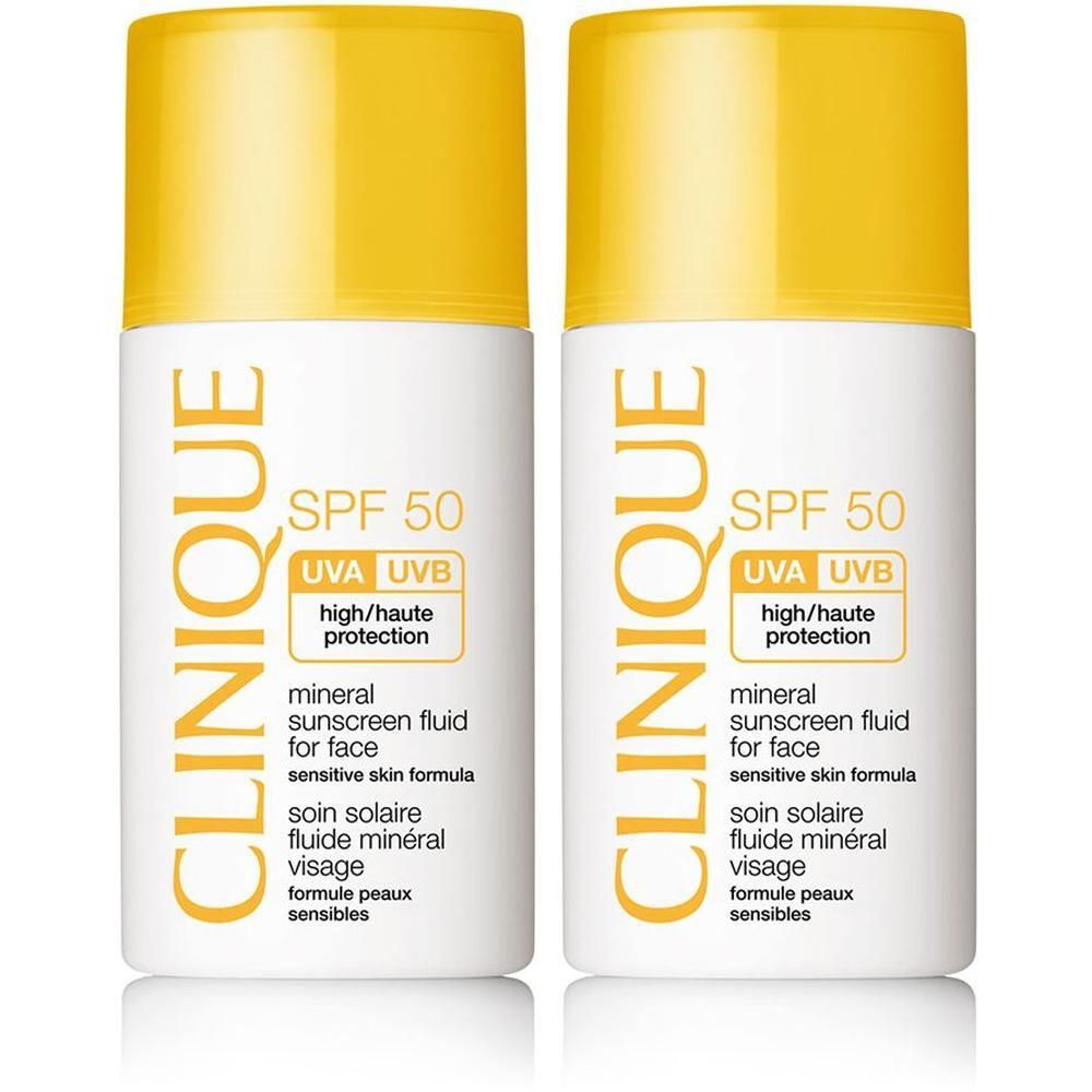 Deux flacons de CLINIQUE Mineral Sunscreen Fluid pour le visage SPF 50, blancs avec bouchons et inscriptions jaunes.