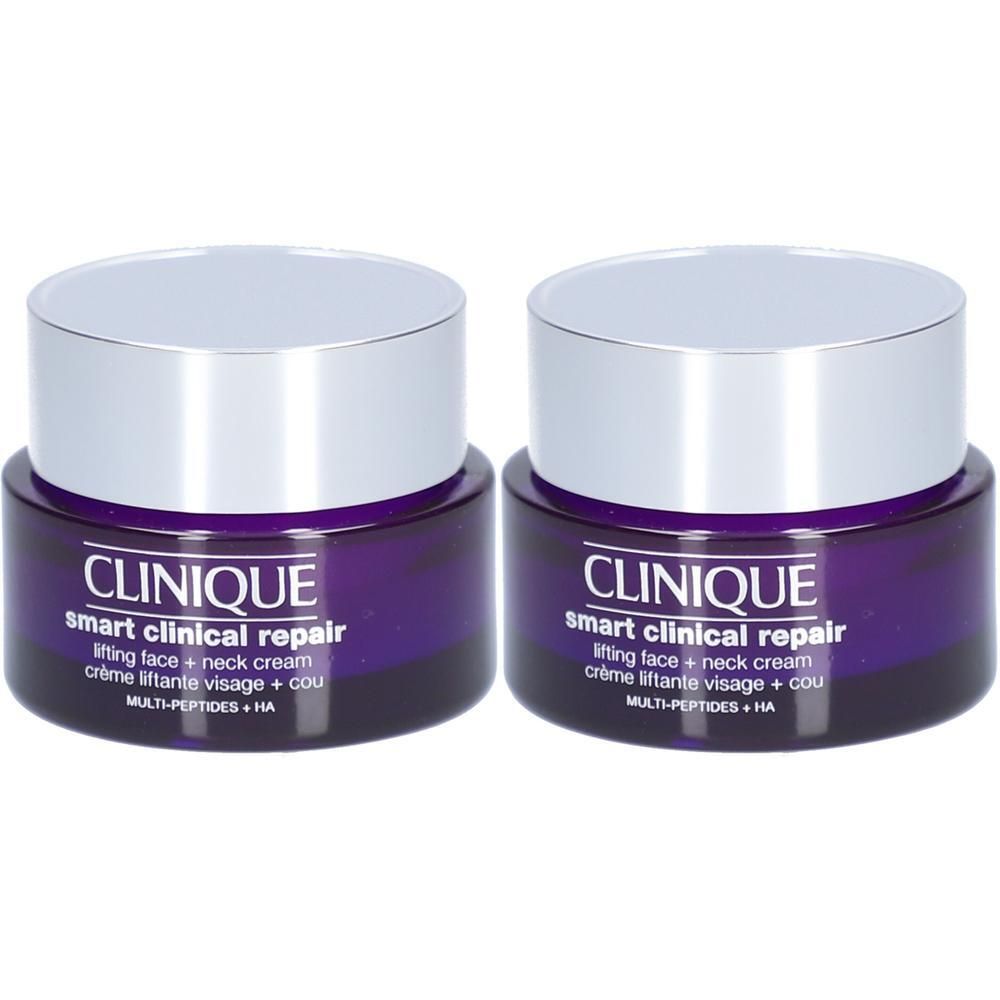 Deux pots de crème Clinique Smart Clinical Repair. Verre violet, couvercle argenté. Inscription: Smart Clinical Repair, Lifting Face + Neck Cream.