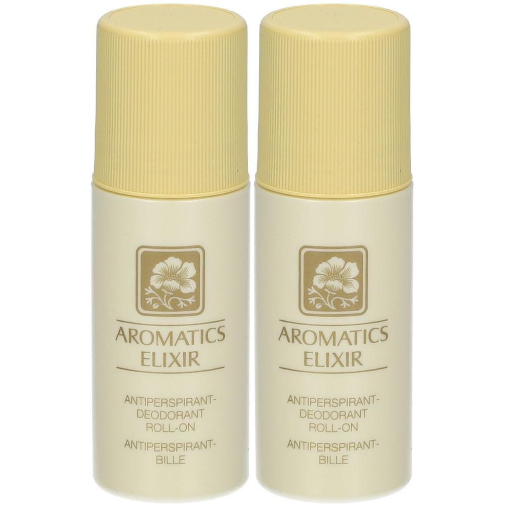 Twee crèmekleurige roll-on deodorants met gele doppen. Opschrift: Aromatics Elixir, Antiperspirant-Deodorant Roll-on.