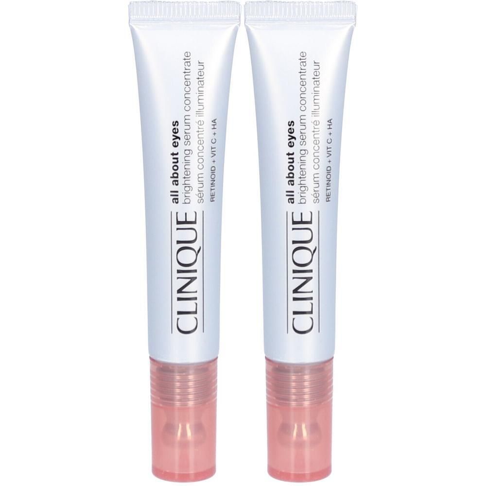 Deux tubes de sérum pour les yeux. Blancs, applicateur rose. Inscription: CLINIQUE, all about eyes, sérum concentré illuminateur.