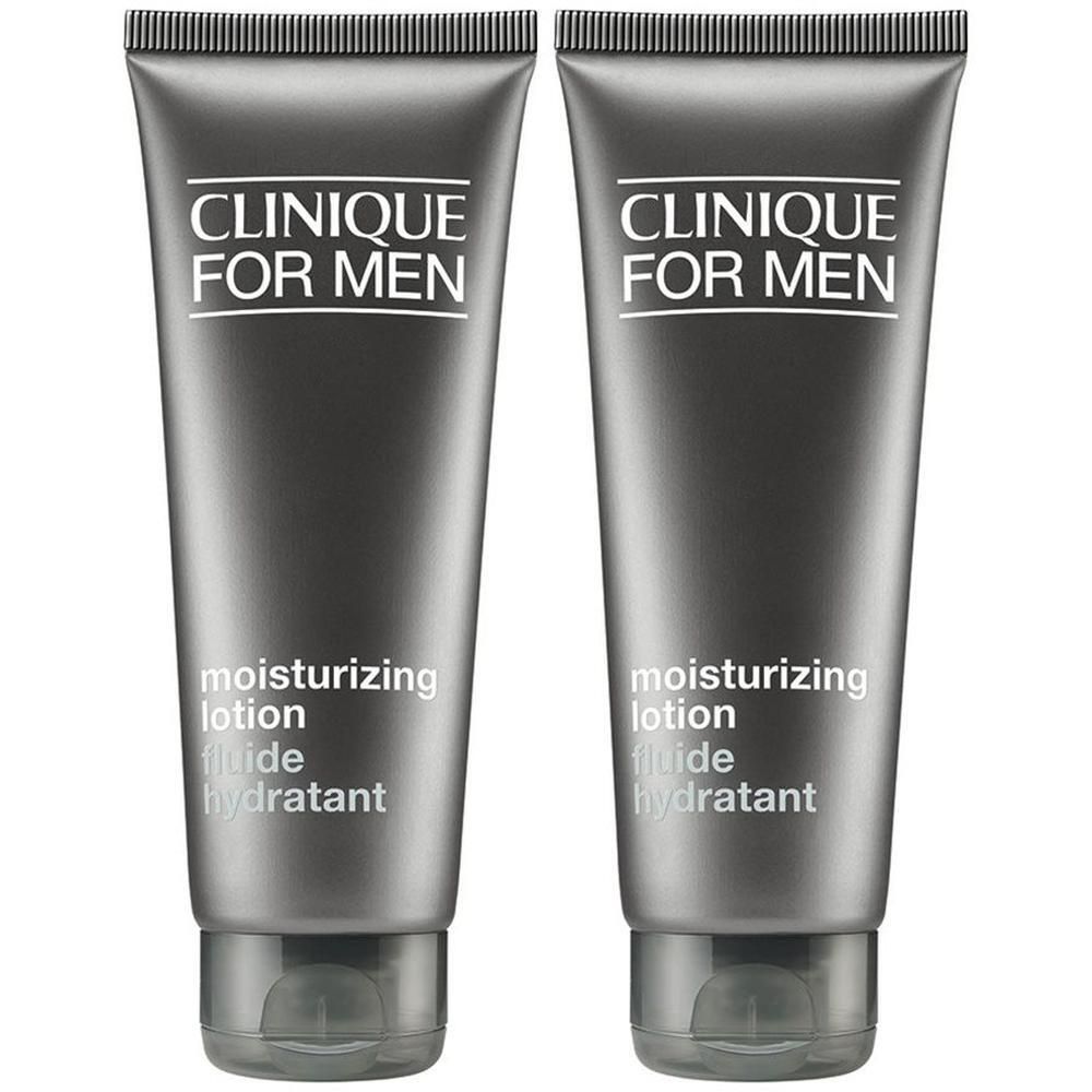 Deux tubes de Clinique For Men Fluide Hydratant. Tubes gris avec texte blanc. Inscription : moisturizing lotion, fluide hydratant.