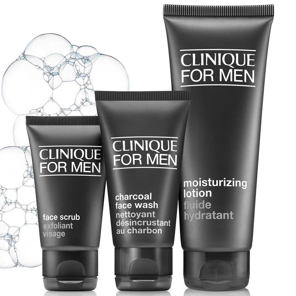 Nettoyant visage, gommage et lotion hydratante Clinique For Men.