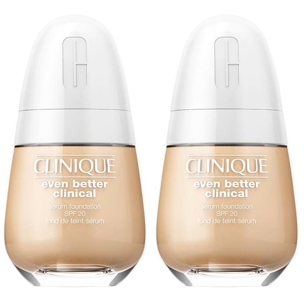 Deux flacons de Clinique Even Better Clinical Fond de Teint Sérum SPF20. Bouchon blanc, base transparente, texte du produit.
