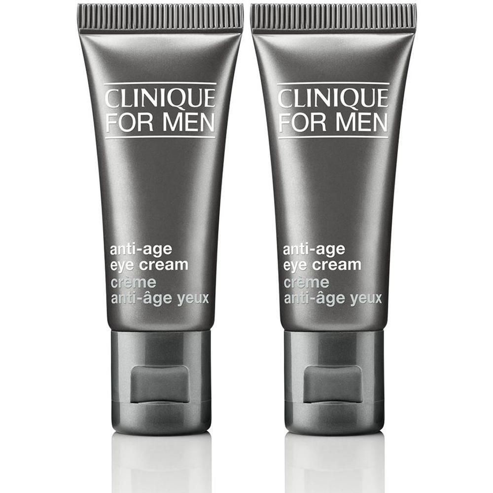 Deux tubes gris avec "CLINIQUE FOR MEN" et "anti-age eye cream". Inscription française "crème anti-âge yeux".