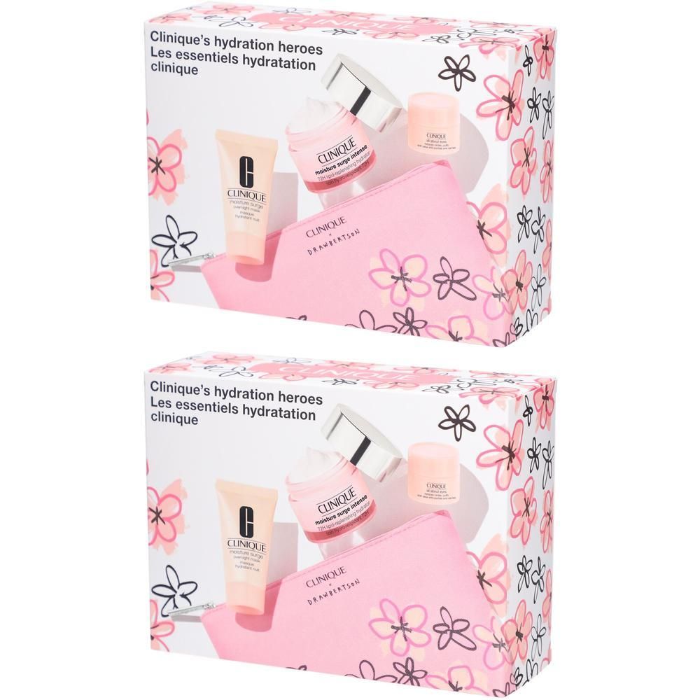 Coffret Clinique Les Essentiels Hydratation. Contient une trousse rose, des crèmes et des tubes. Emballage fleuri.