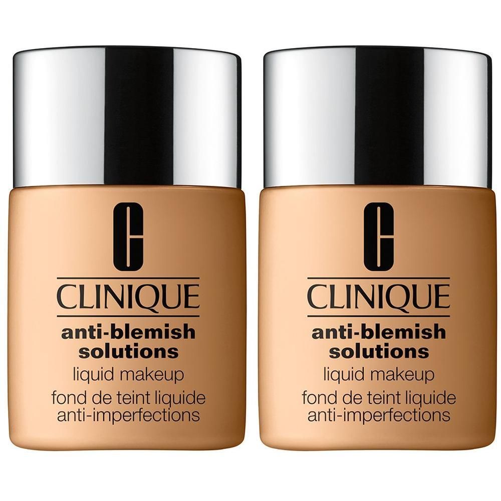 Deux flacons de fond de teint liquide. Inscription : CLINIQUE, anti-blemish solutions, liquid makeup, fond de teint liquide anti-imperfections. Bouchon argenté.