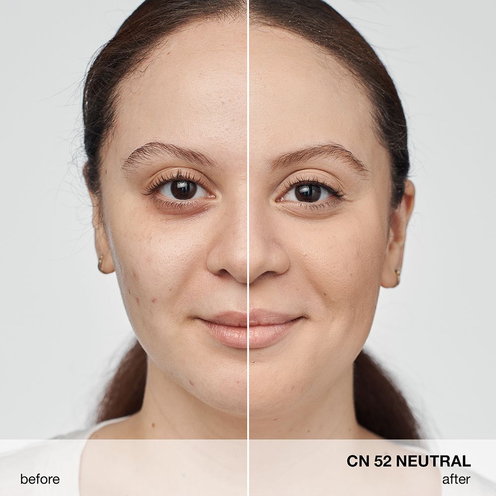Voor/na vergelijking van CLINIQUE Anti-Blemish Solutions Liquid Makeup CN 52 Neutraal.