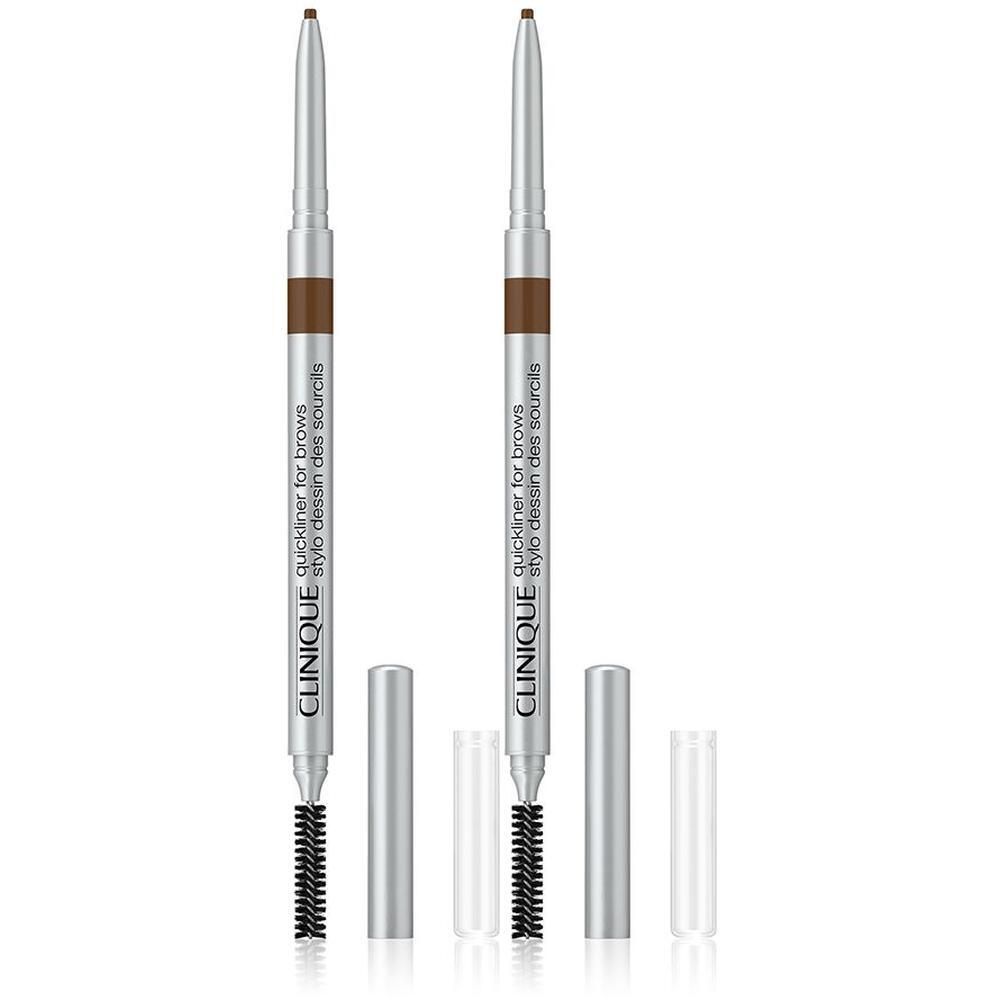 Deux crayons Quickliner pour sourcils Clinique Deep Brown avec brosse et capuchons protecteurs.