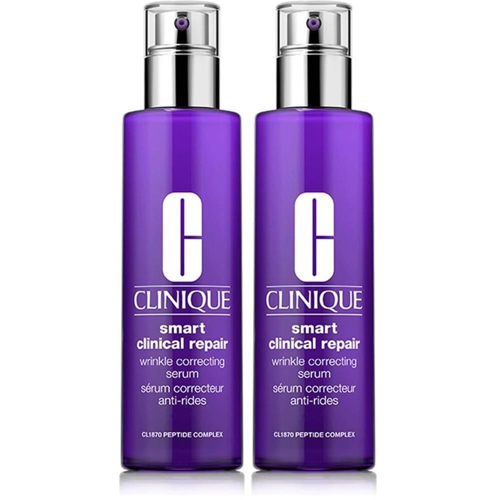 Twee paarse flacons Clinique Smart Clinical Repair™ rimpelcorrigerend serum.