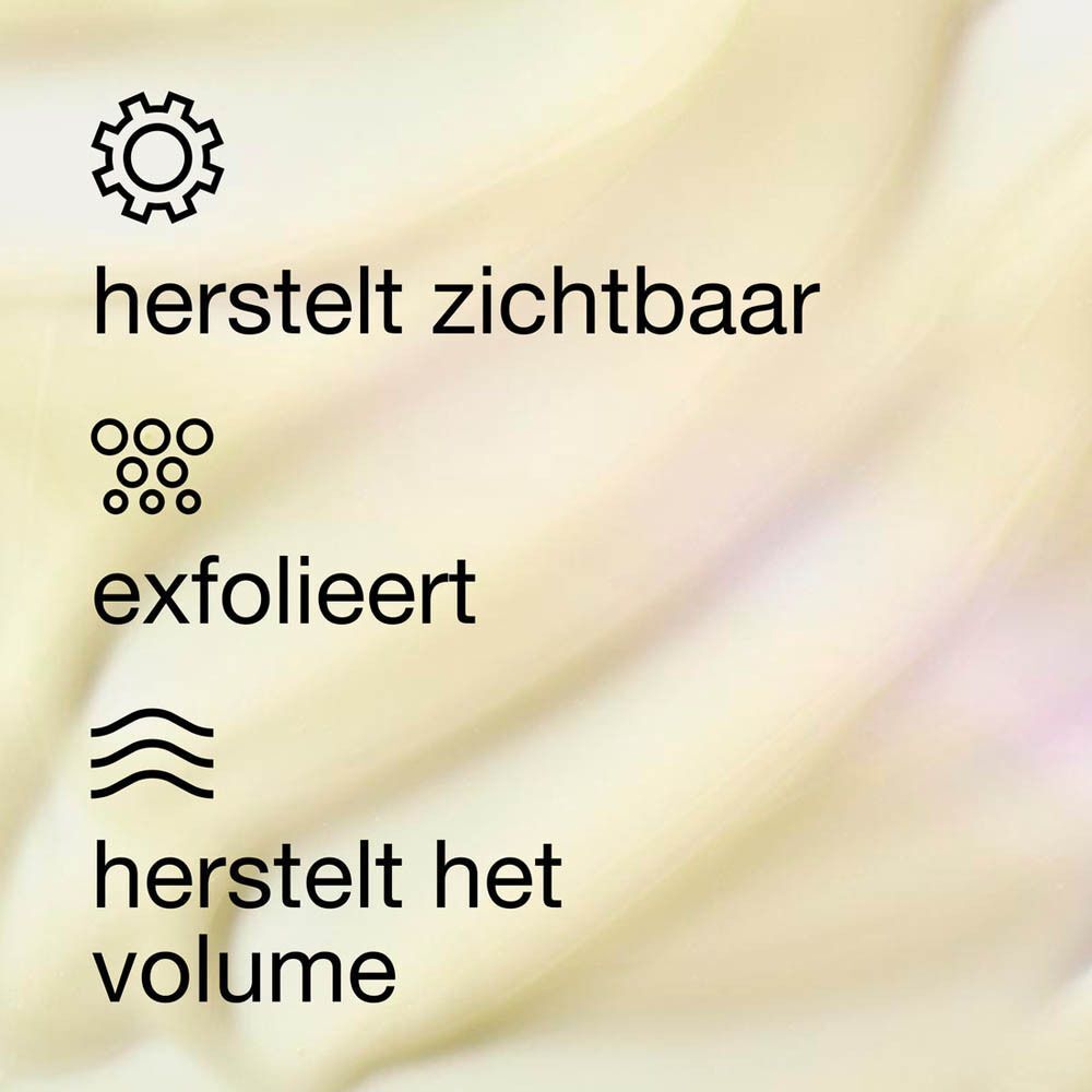 Symbolen: tandwiel, druppels, golven. Tekst: Herstelt zichtbaar, exfolieert, herstelt het volume.