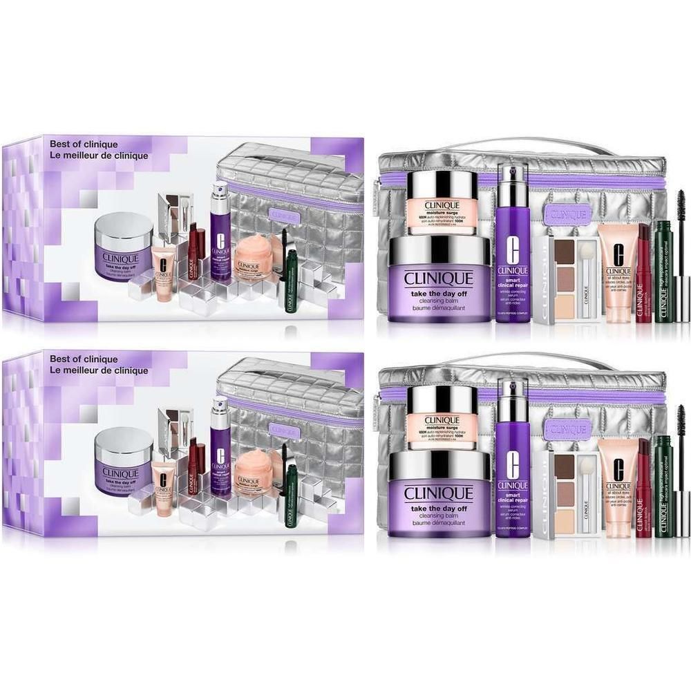 Clinique cadeau set. Bevat crèmes, serums, make-up producten en een toilettas. Verpakt in een geschenkdoos met paarse accenten.