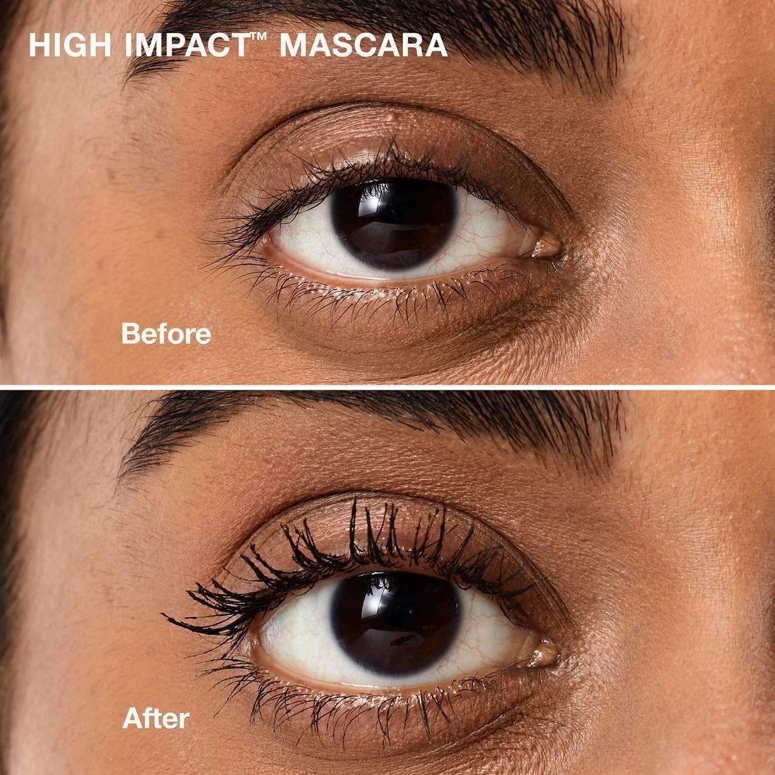 Gros plan d'un œil avant et après l'application du mascara Clinique High Impact.