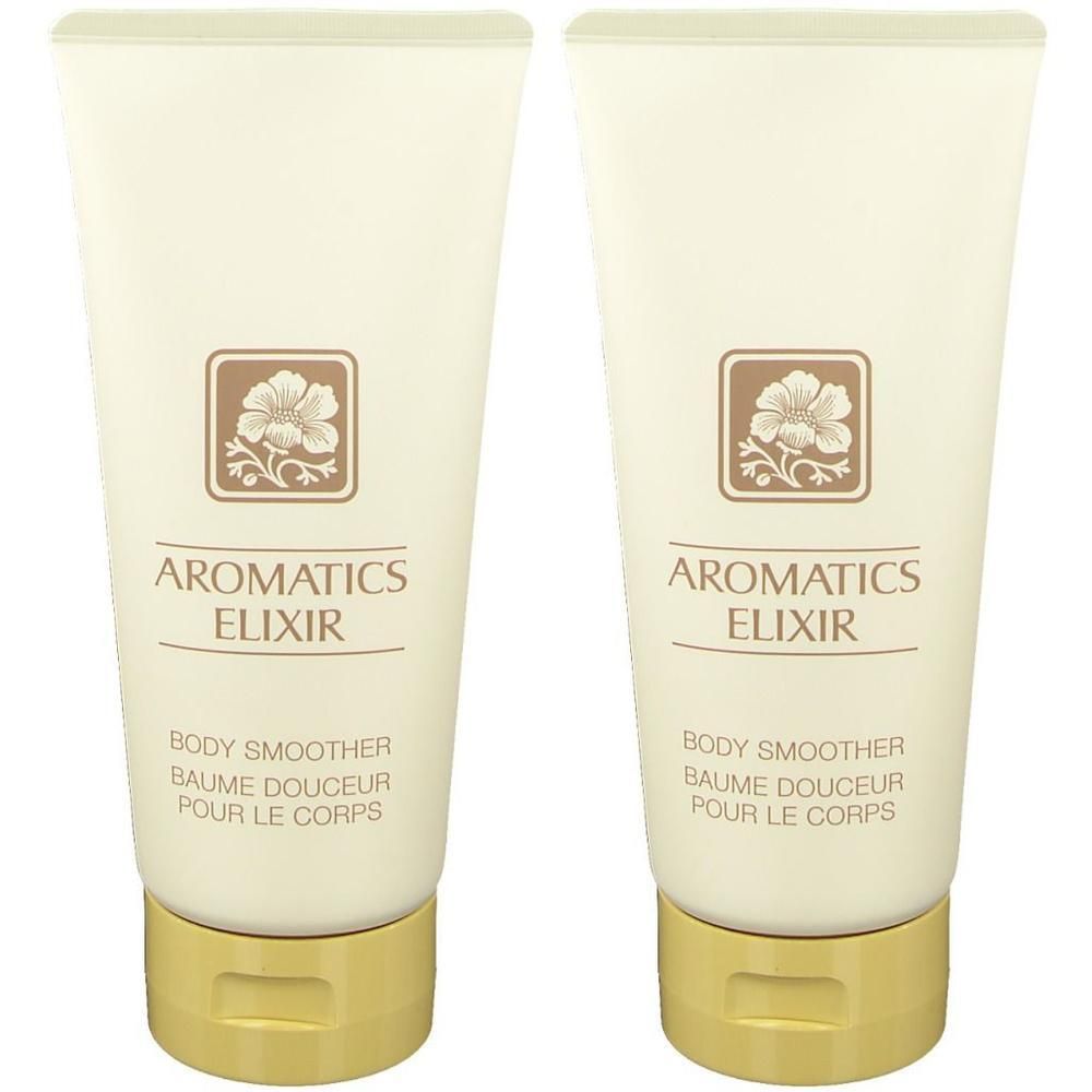 Twee crèmetubes met opschrift "Aromatics Elixir Body Smoother" en bloemenembleem.