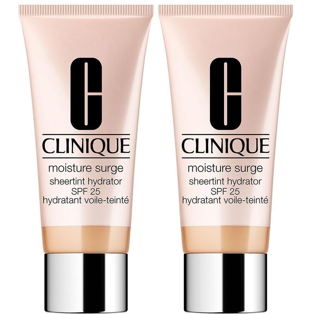 Deux tubes de Clinique Moisture Surge Hydratant Voile-Teinté SPF25. Tubes roses avec bouchons argentés. Logo et texte noirs.