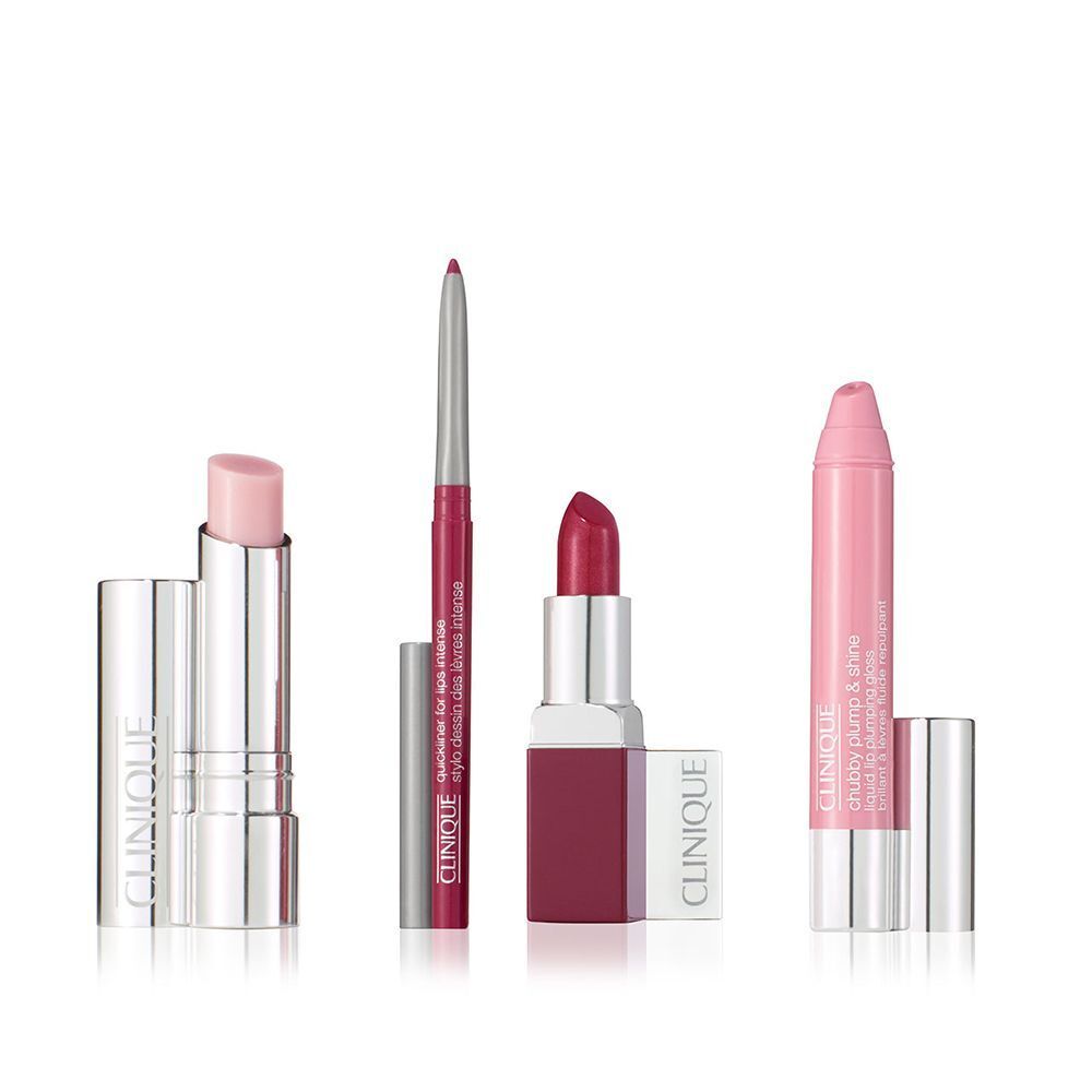 Vier Clinique lippenverzorgingsproducten: balsem, lipliner, lipstick en Chubby Stick.