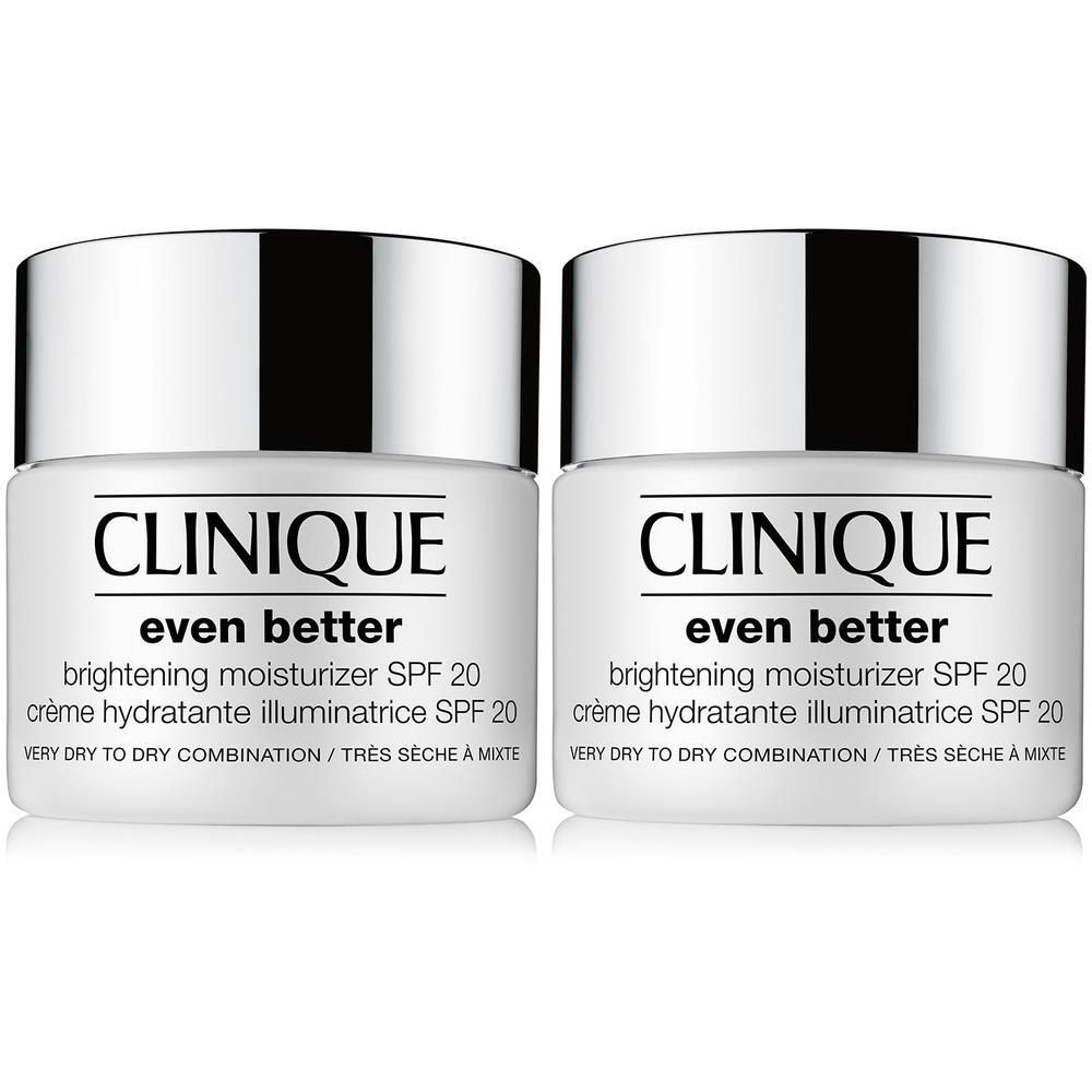 Deux pots de Clinique Even Better Brightening Moisturizer SPF 20. Pots blancs avec couvercles argentés. Texte noir.